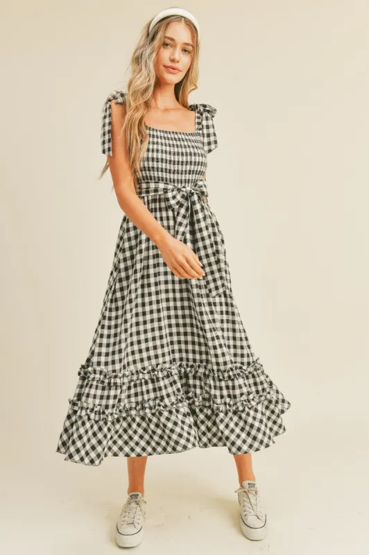 Black Smocked Bodice Ruffled Hem Midi Dress sold by Pinkblush