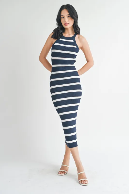 Navy Striped Fitted Knit Dress sold by Pinkblush