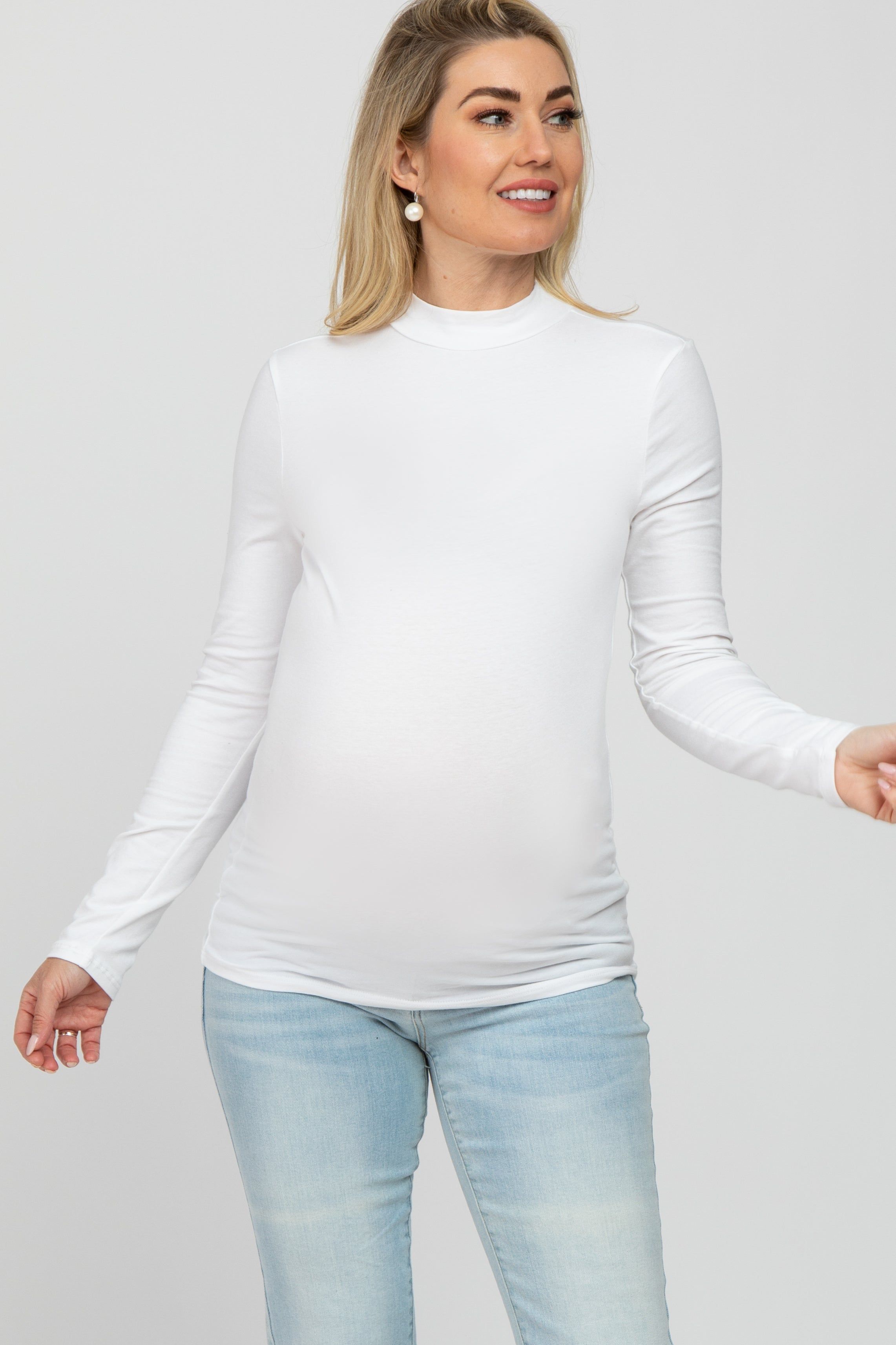 White Fitted Mock Neck Long Sleeve Maternity Top sold by Pinkblush product image thumbnail 2