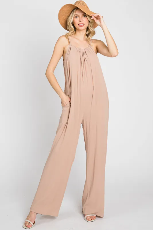 Taupe Halter Neck Jumpsuit sold by Pinkblush