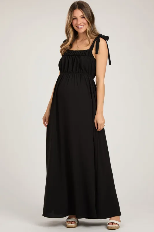Black Square Neck Shoulder Tie Maternity Maxi Dress sold by Pinkblush