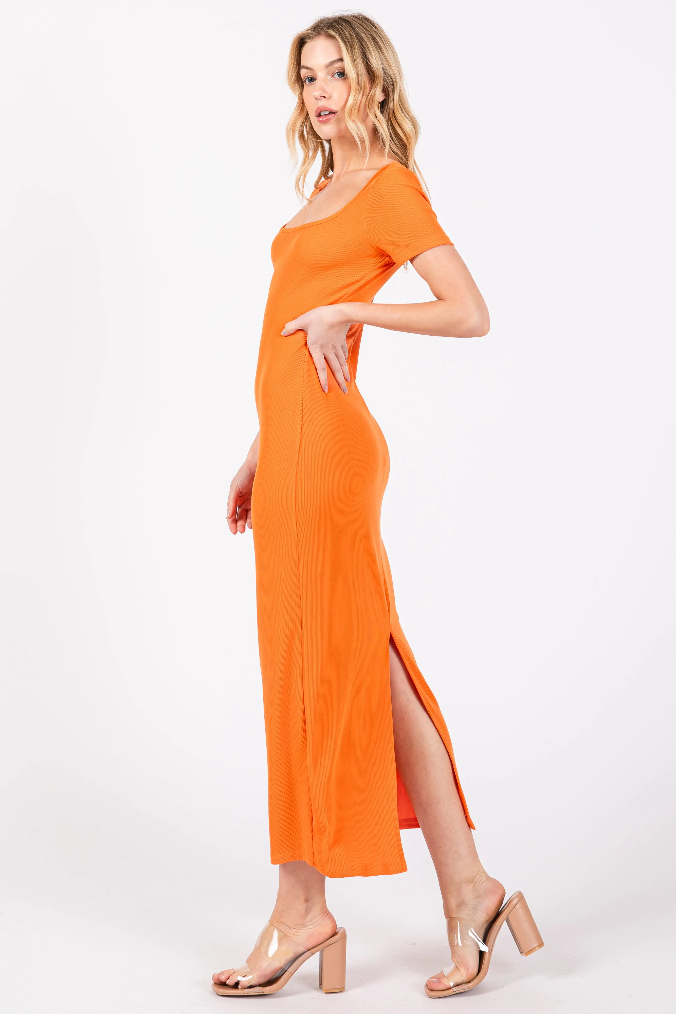 Orange Ribbed Fitted Midi Dress sold by Pinkblush product image thumbnail 2