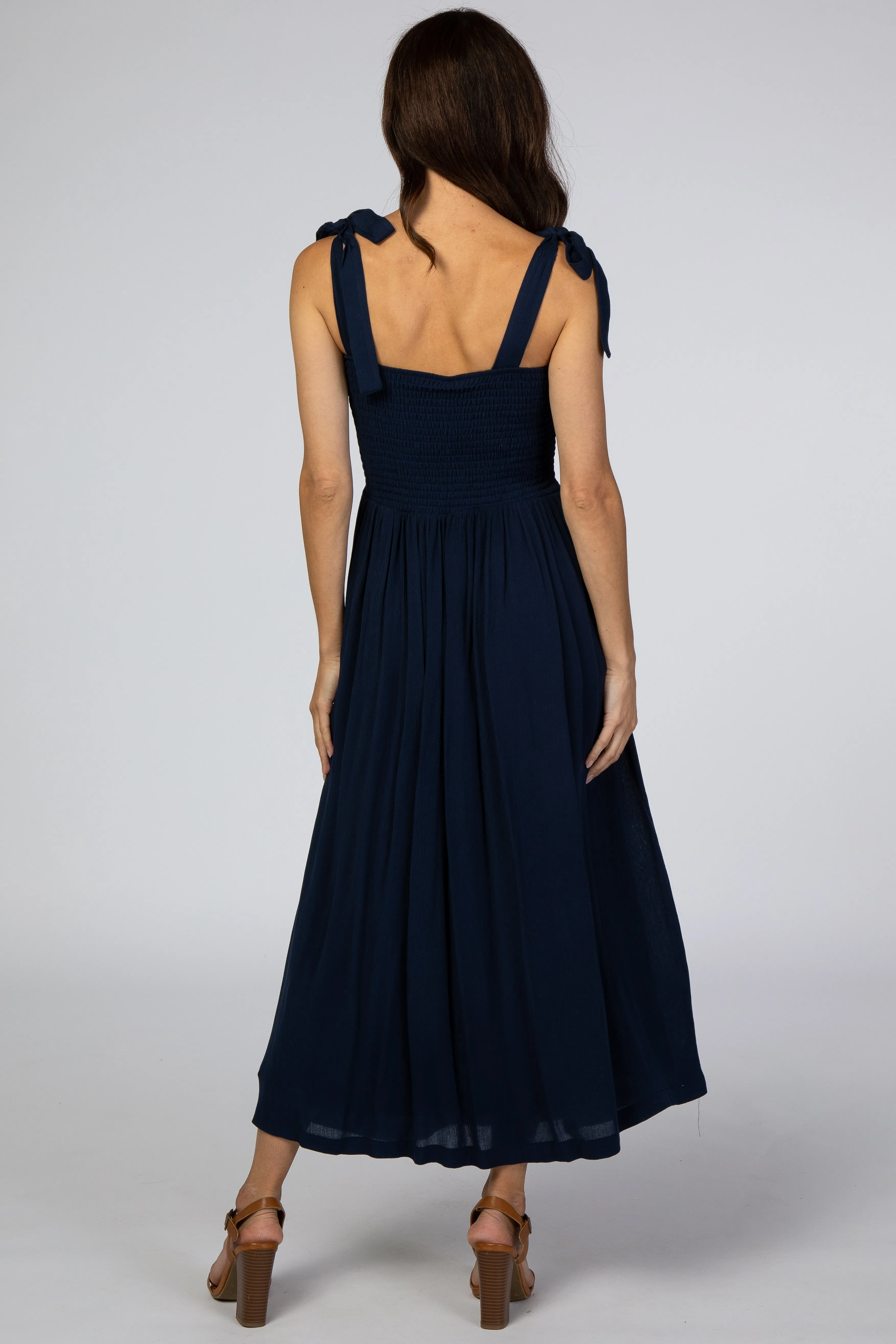 Navy Blue Smocked Tie Strap Midi Dress sold by Pinkblush product image thumbnail 3