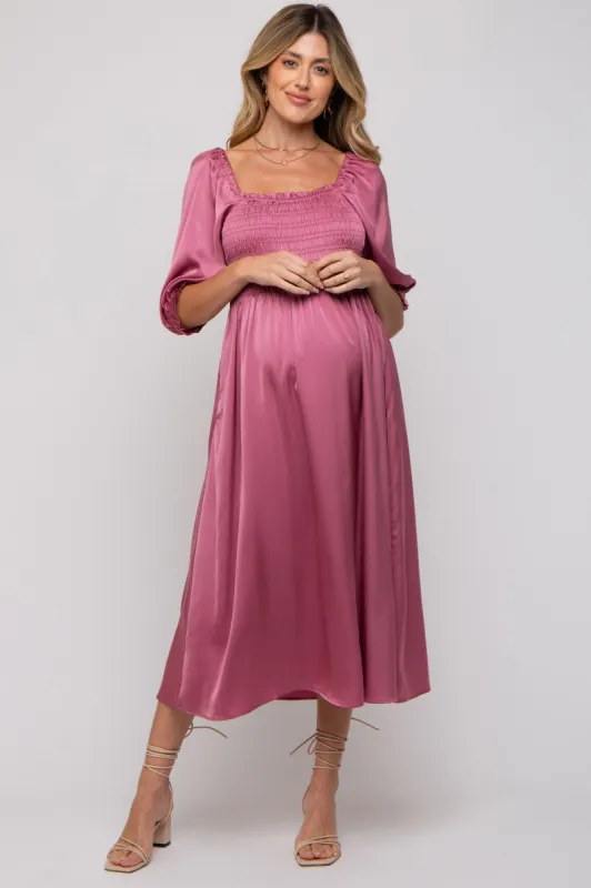 Mauve Satin Smocked Maternity Midi Dress sold by Pinkblush