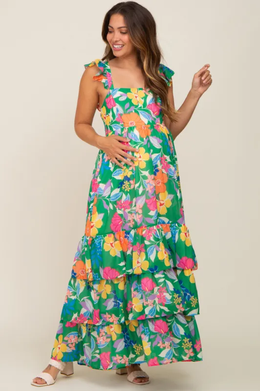 Green Floral Chiffon Square Neck Ruffle Maternity Maxi Dress sold by Pinkblush