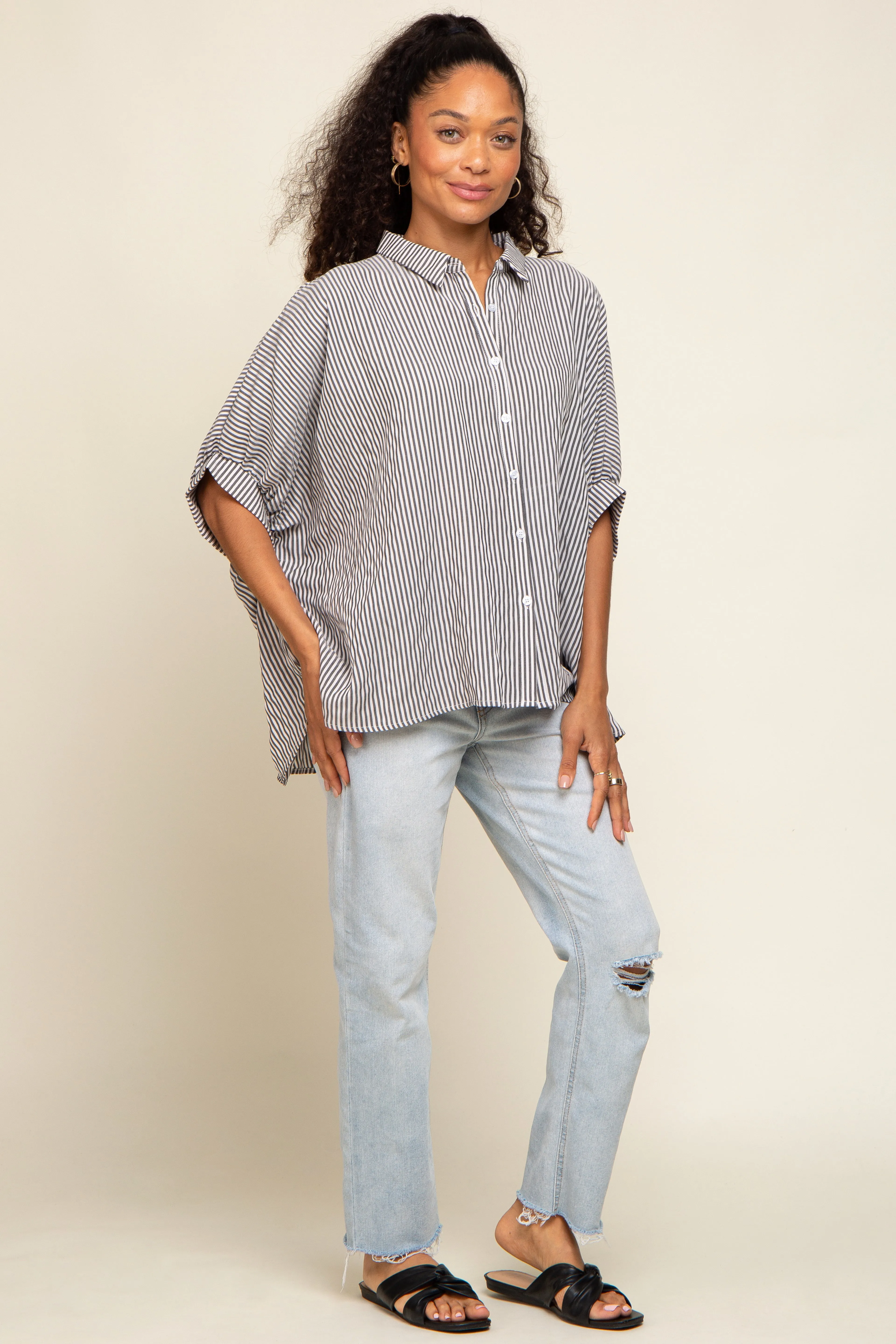 Black Striped Dolman Button Down Top sold by Pinkblush product image thumbnail 4