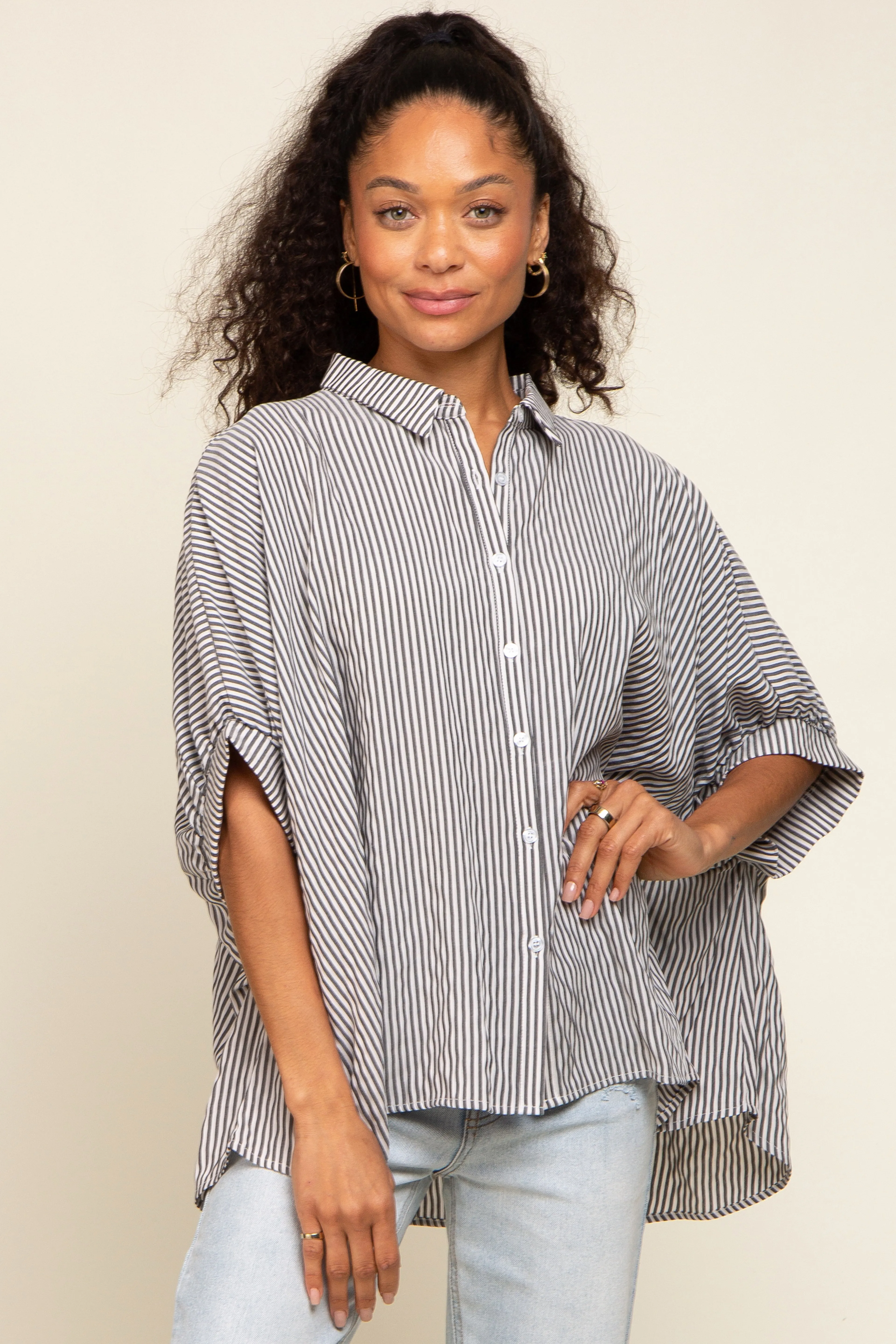 Black Striped Dolman Button Down Top sold by Pinkblush