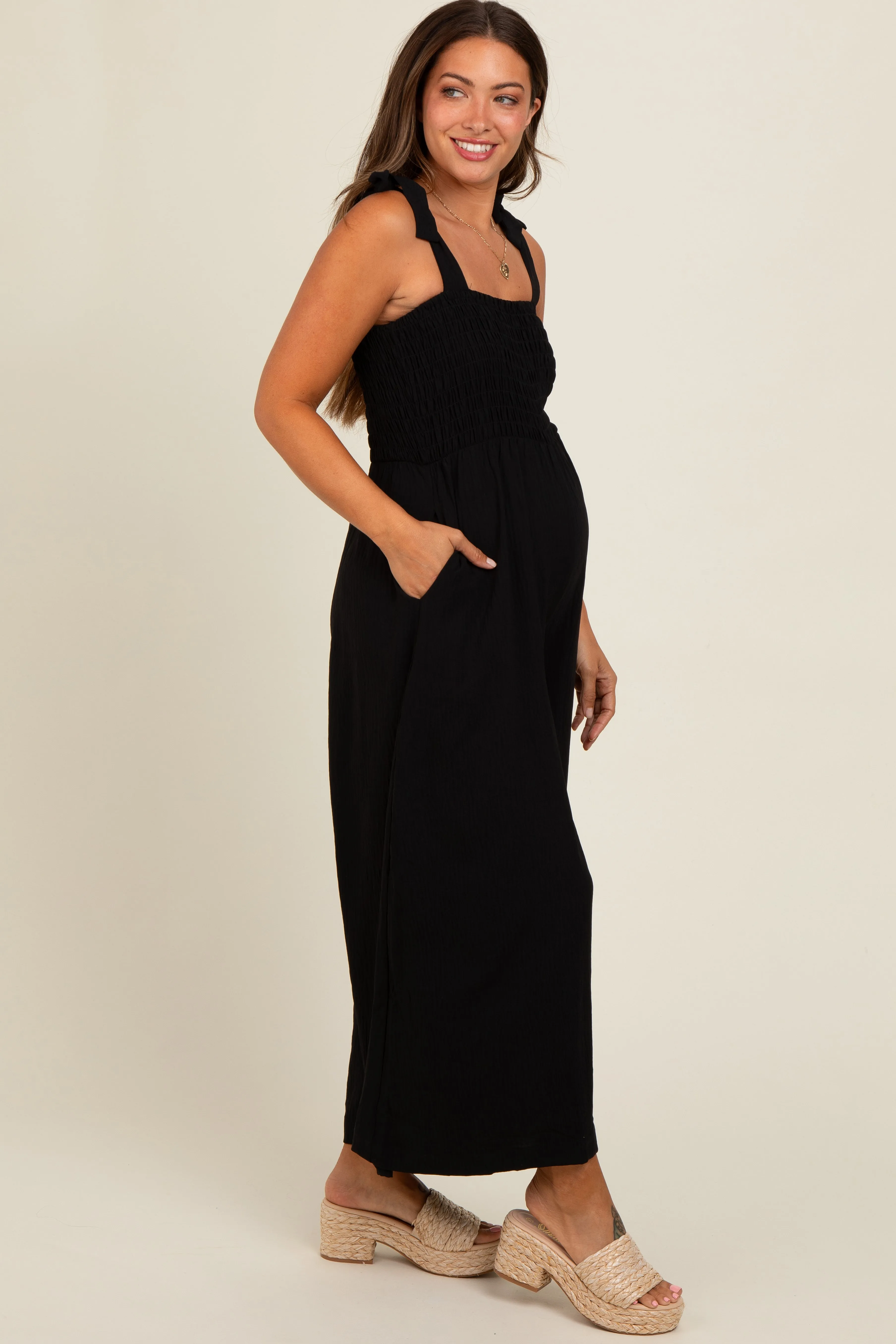 Black Smocked Wide Leg Maternity Jumpsuit sold by Pinkblush product image thumbnail 3