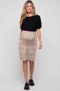 Taupe Knit Plaid Fitted Maternity Skirt sold by Pinkblush
