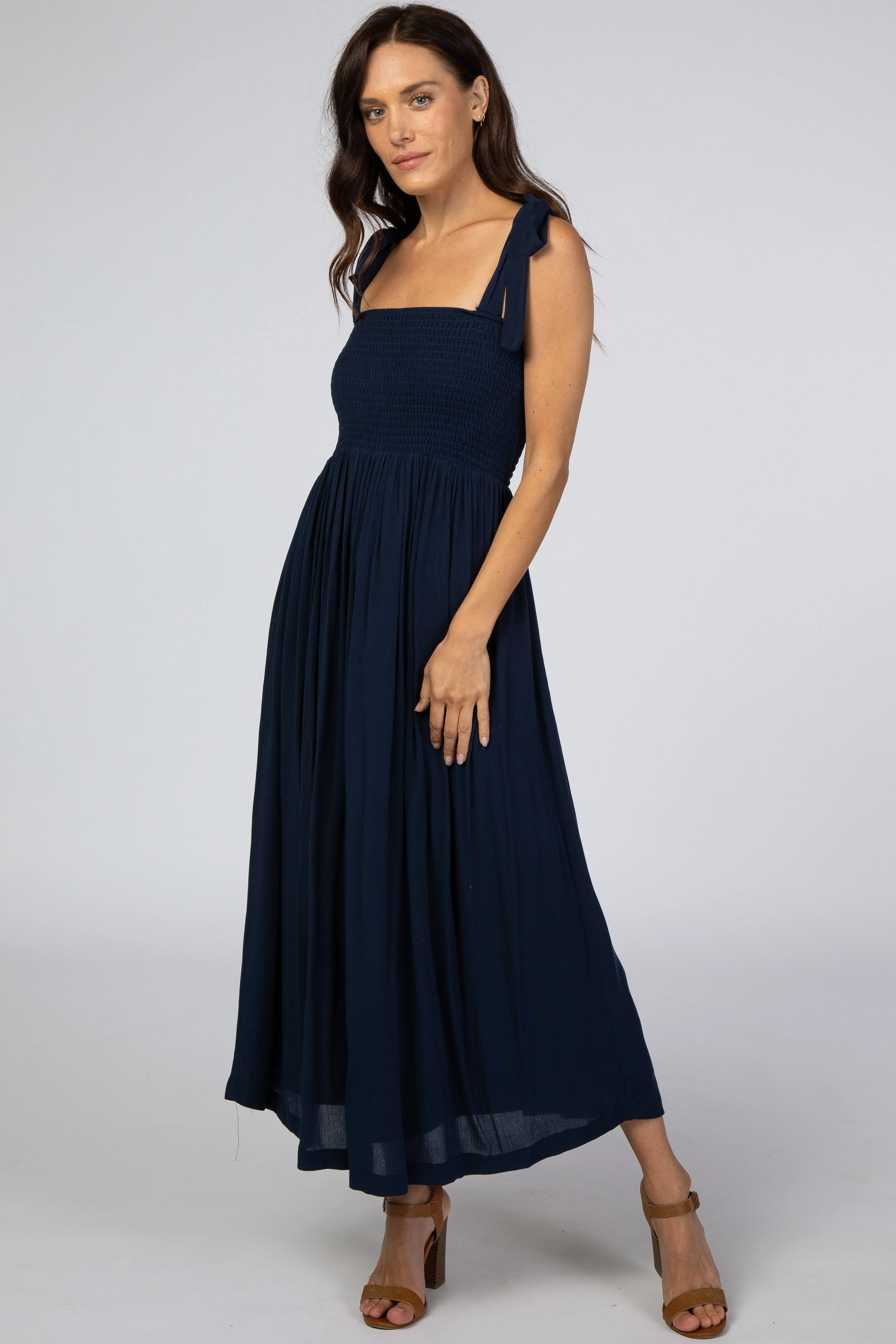 Navy Blue Smocked Tie Strap Midi Dress sold by Pinkblush