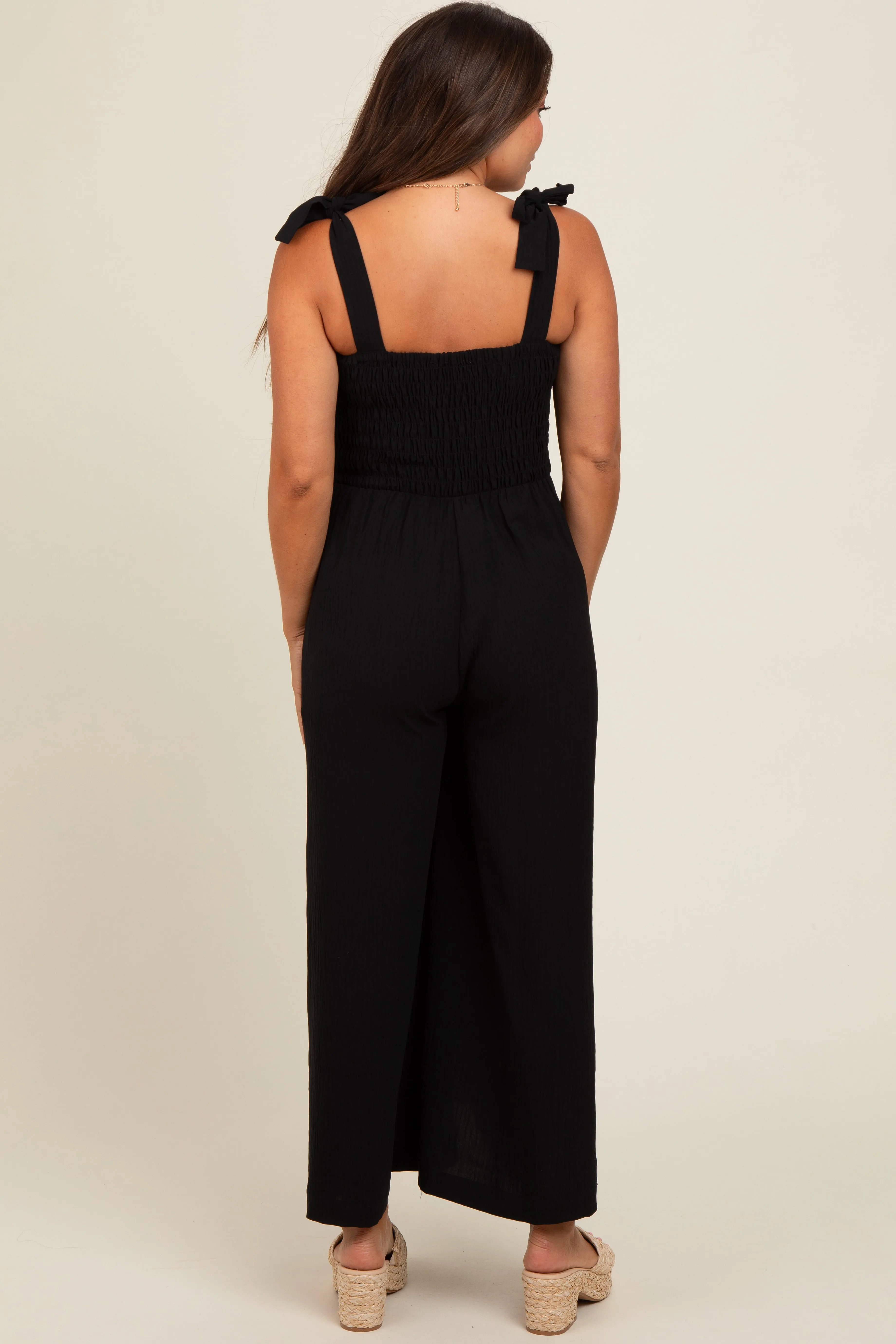 Black Smocked Wide Leg Maternity Jumpsuit sold by Pinkblush product image thumbnail 4