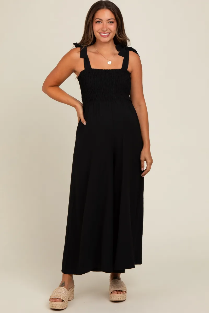 Black Smocked Wide Leg Maternity Jumpsuit sold by Pinkblush