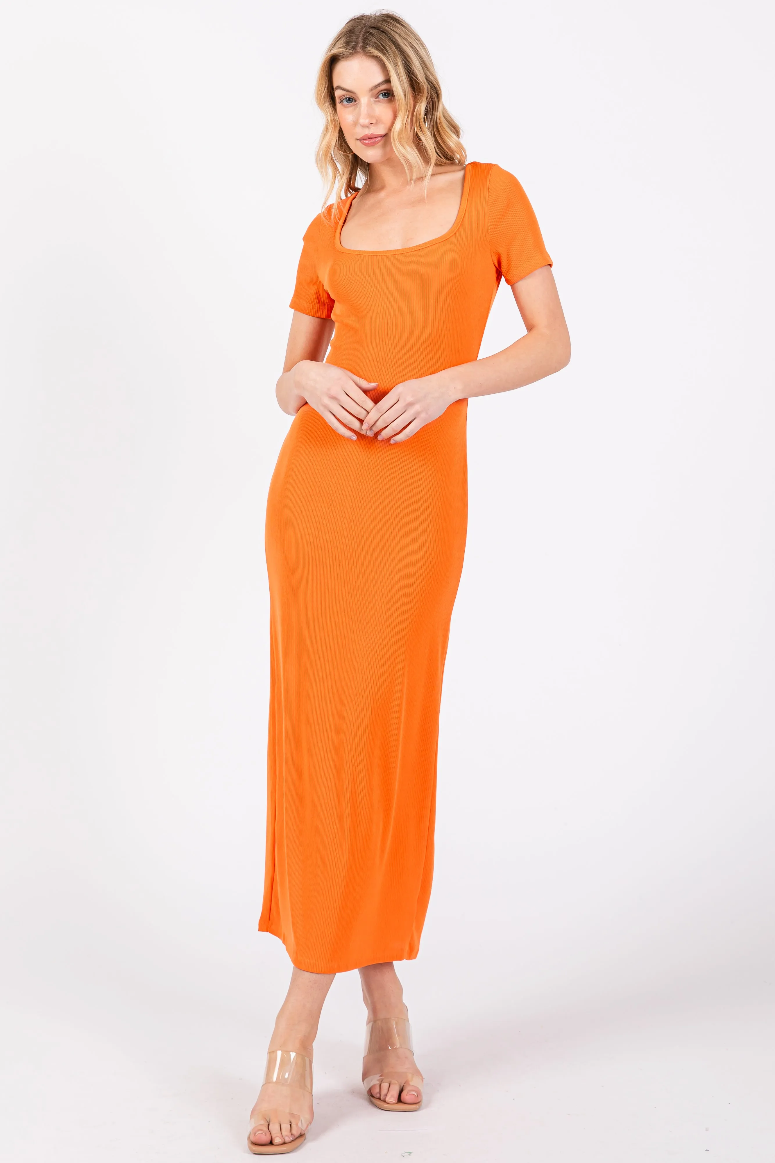 Orange Ribbed Fitted Midi Dress sold by Pinkblush