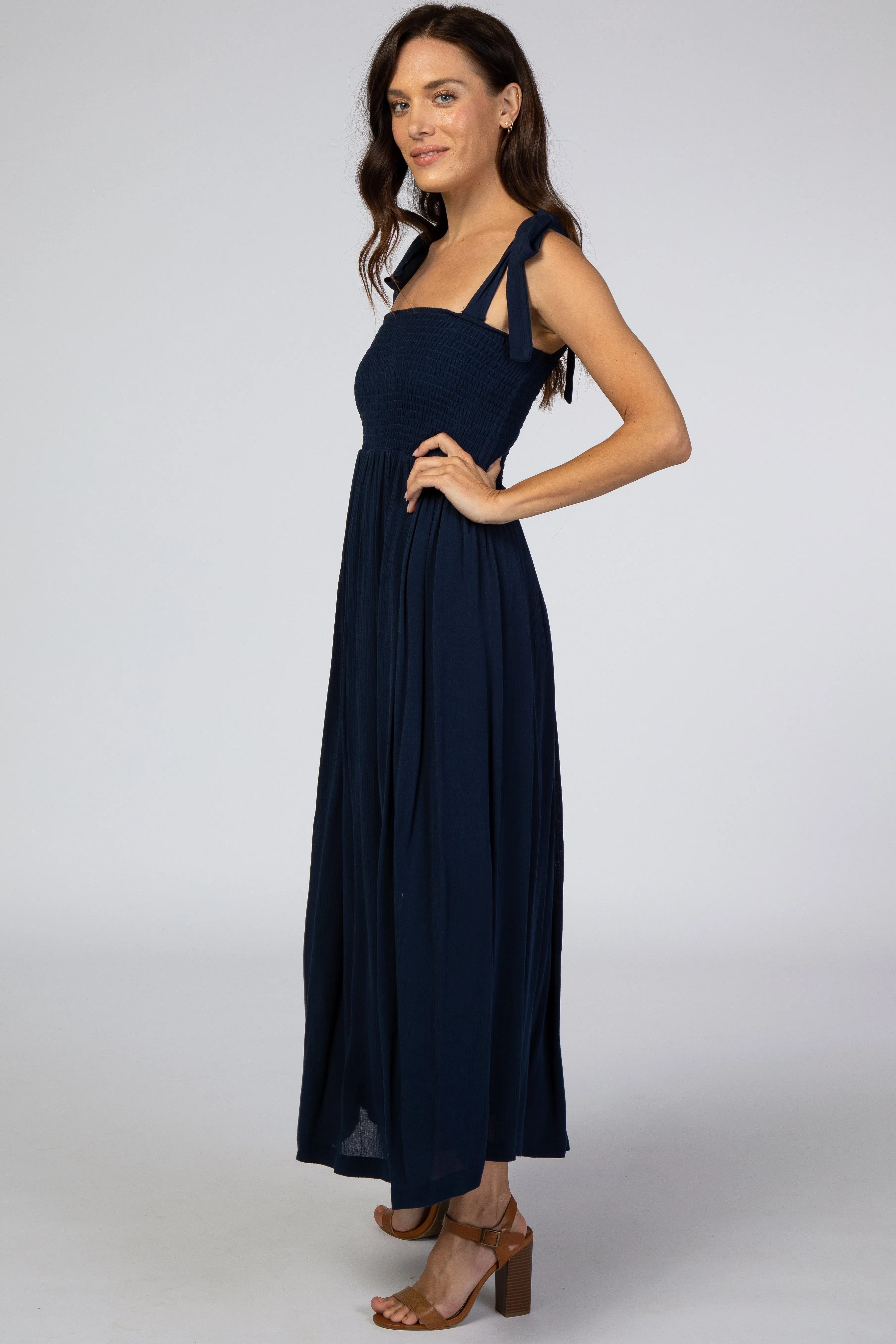 Navy Blue Smocked Tie Strap Midi Dress sold by Pinkblush product image thumbnail 2