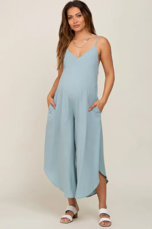 Sage Sleeveless Asymmetrical Hem Maternity Jumpsuit sold by Pinkblush