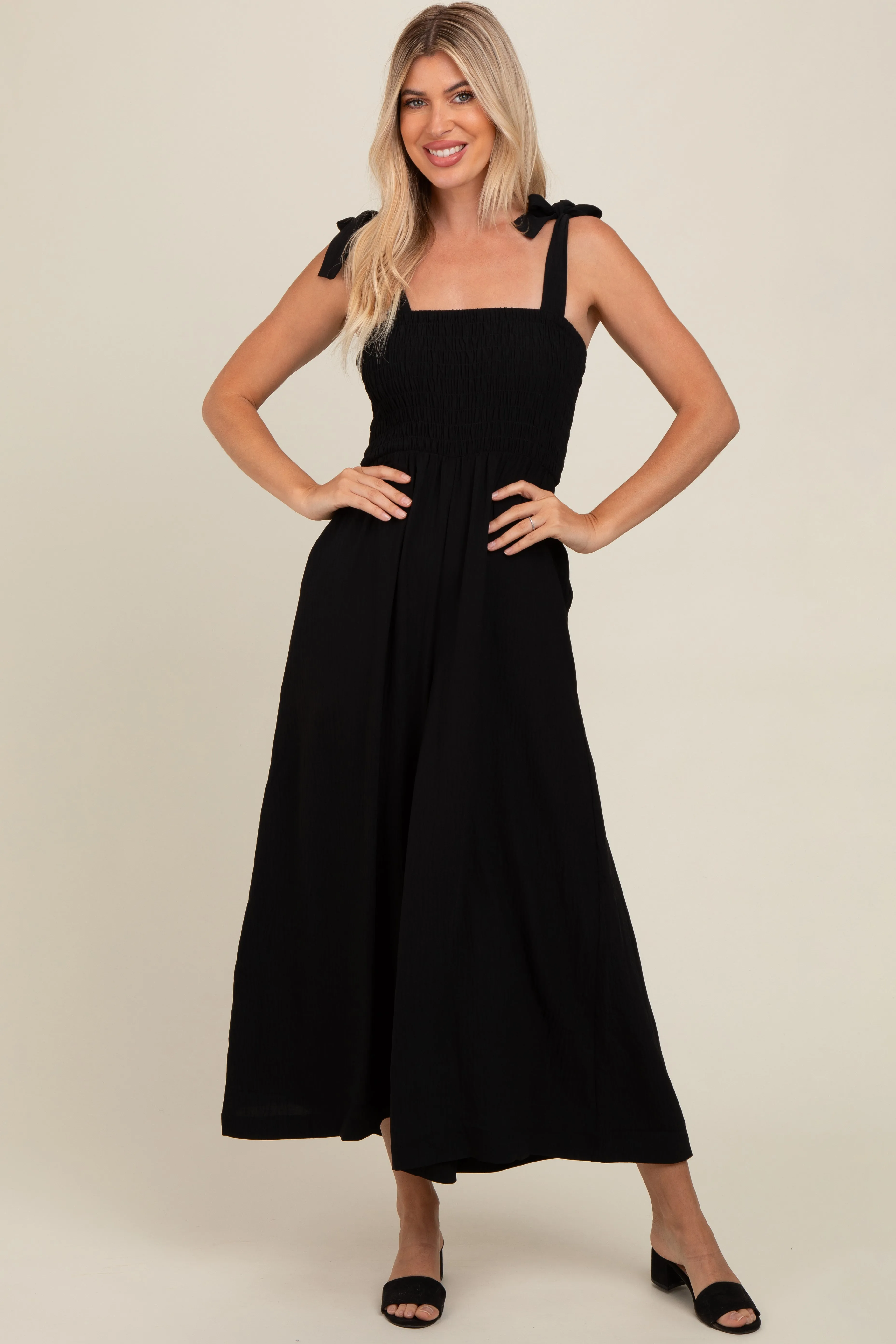 Black Smocked Wide Leg Maternity Jumpsuit sold by Pinkblush product image thumbnail 5