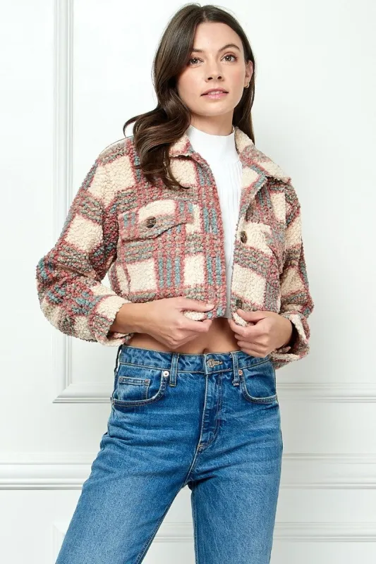 Pink Blue Plaid Sherpa Short Button Jacket made by Pinkblush