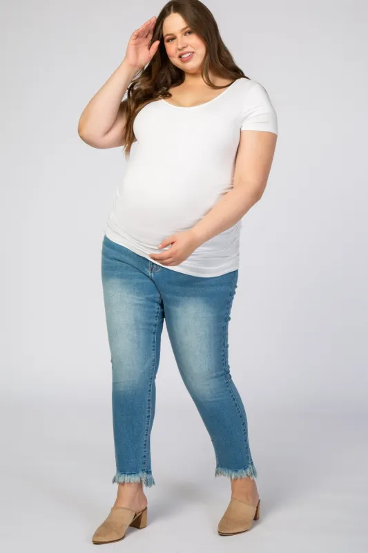 Medium Wash Fringe Hem Cropped Plus Maternity Jeans sold by Pinkblush