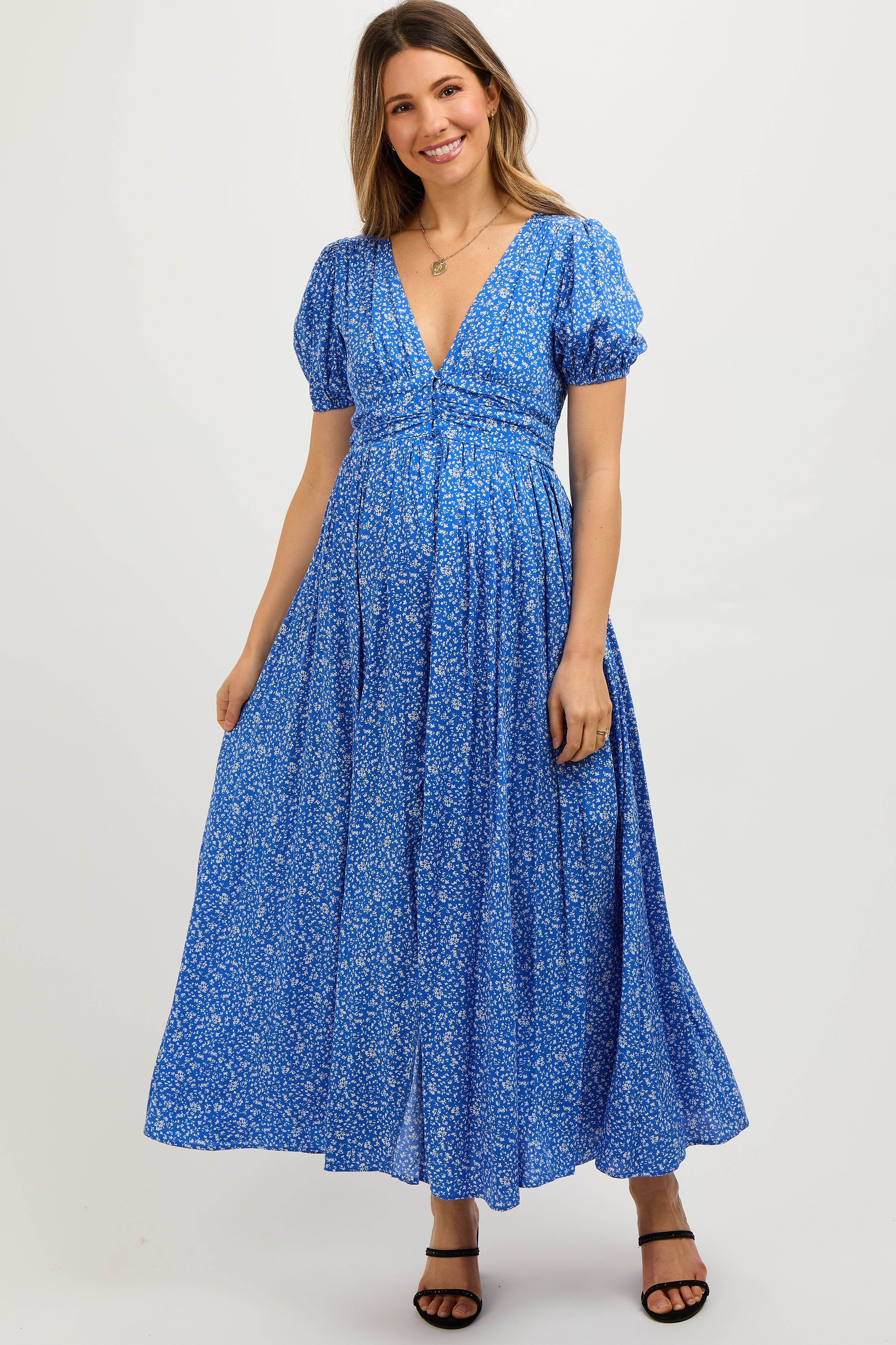 Blue Floral Button Down Front Slit Maternity Maxi Dress sold by Pinkblush product image thumbnail 2