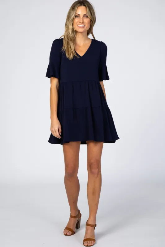 Navy Tiered Ruffle Sleeve Dress sold by Pinkblush