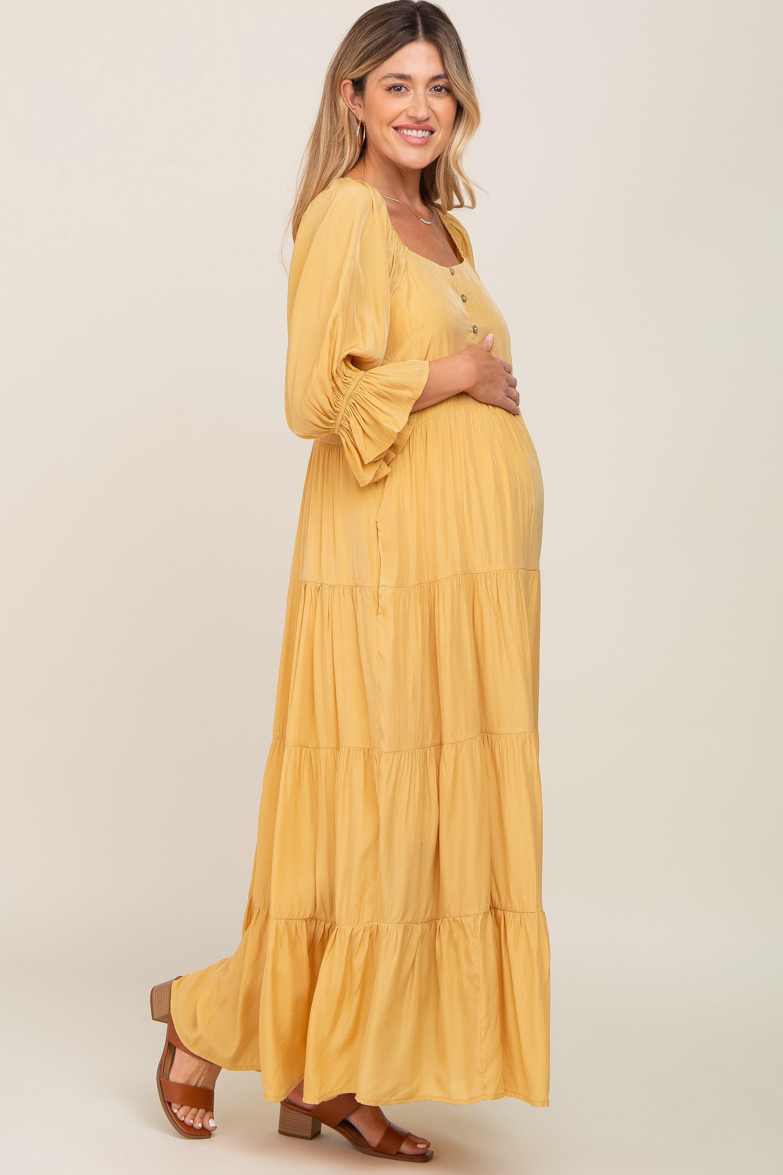 Yellow Square Neck Button Front 3/4 Bell Sleeve Maternity Maxi Dress sold by Pinkblush product image thumbnail 3