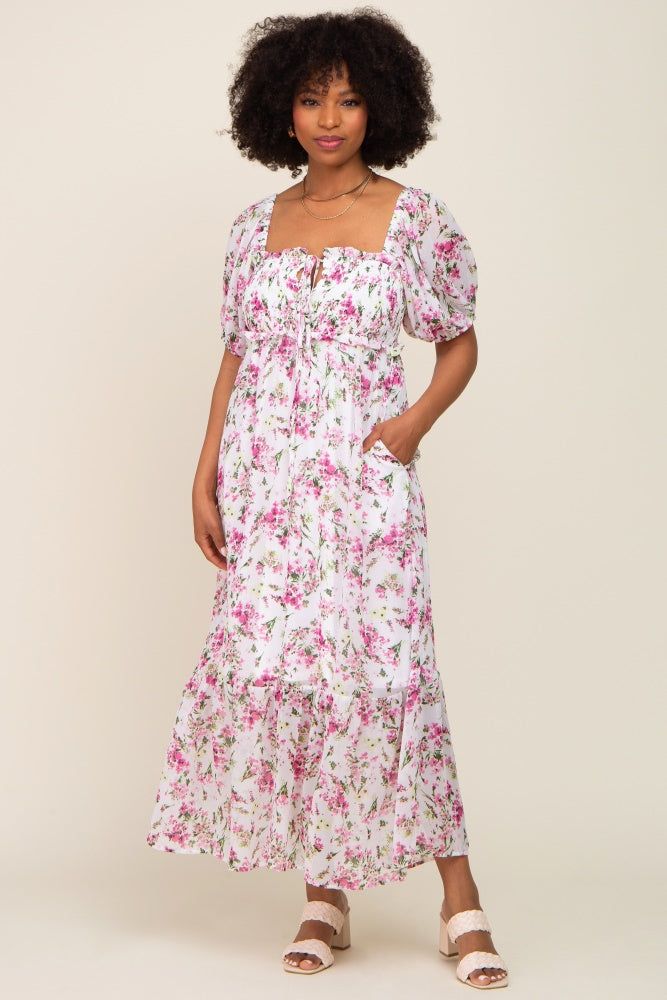 Pink Floral Chiffon Smocked Front Tie Maxi Dress sold by Pinkblush product image thumbnail 4