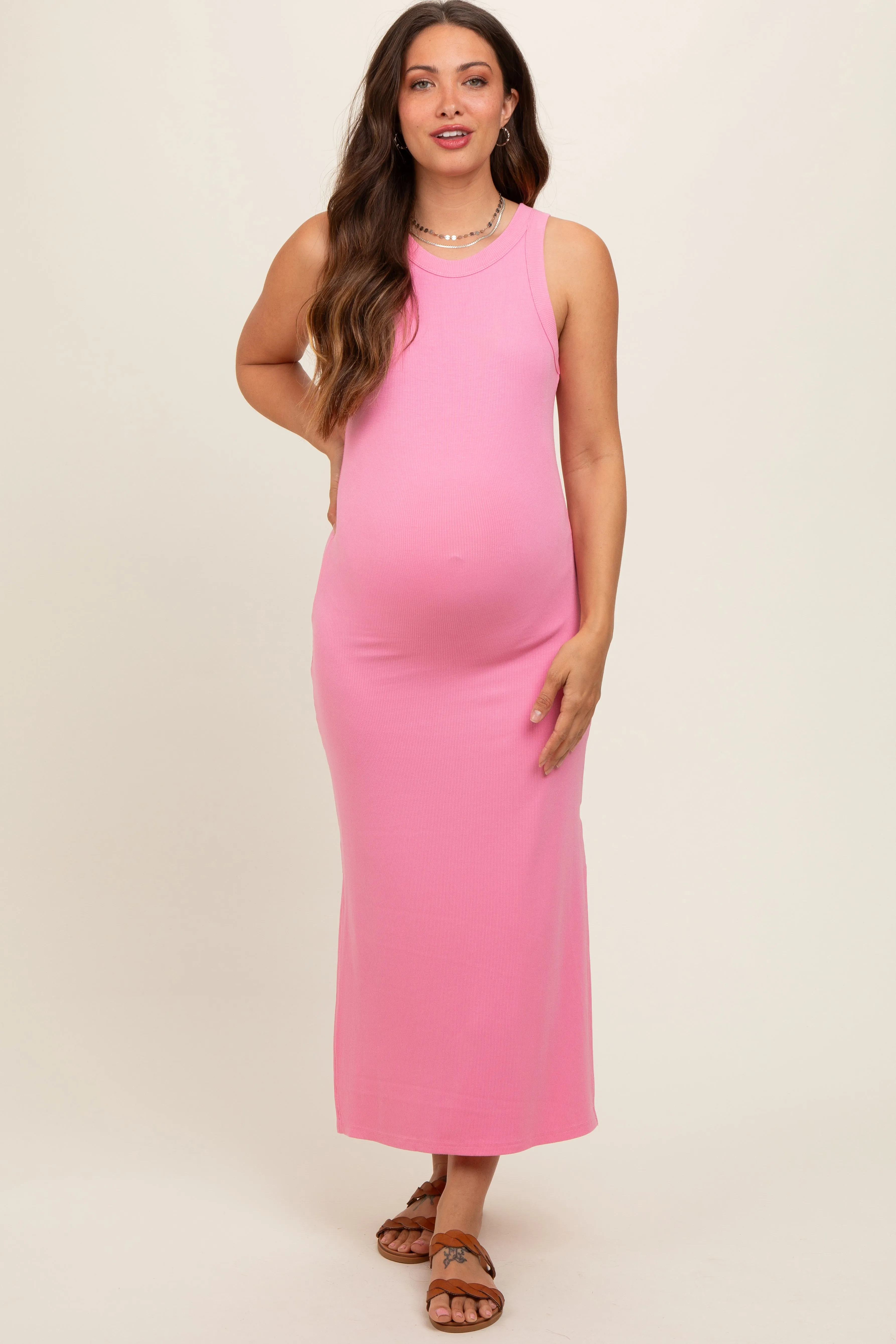 Pink Ribbed Maternity Side Slit Tank Dress sold by Pinkblush
