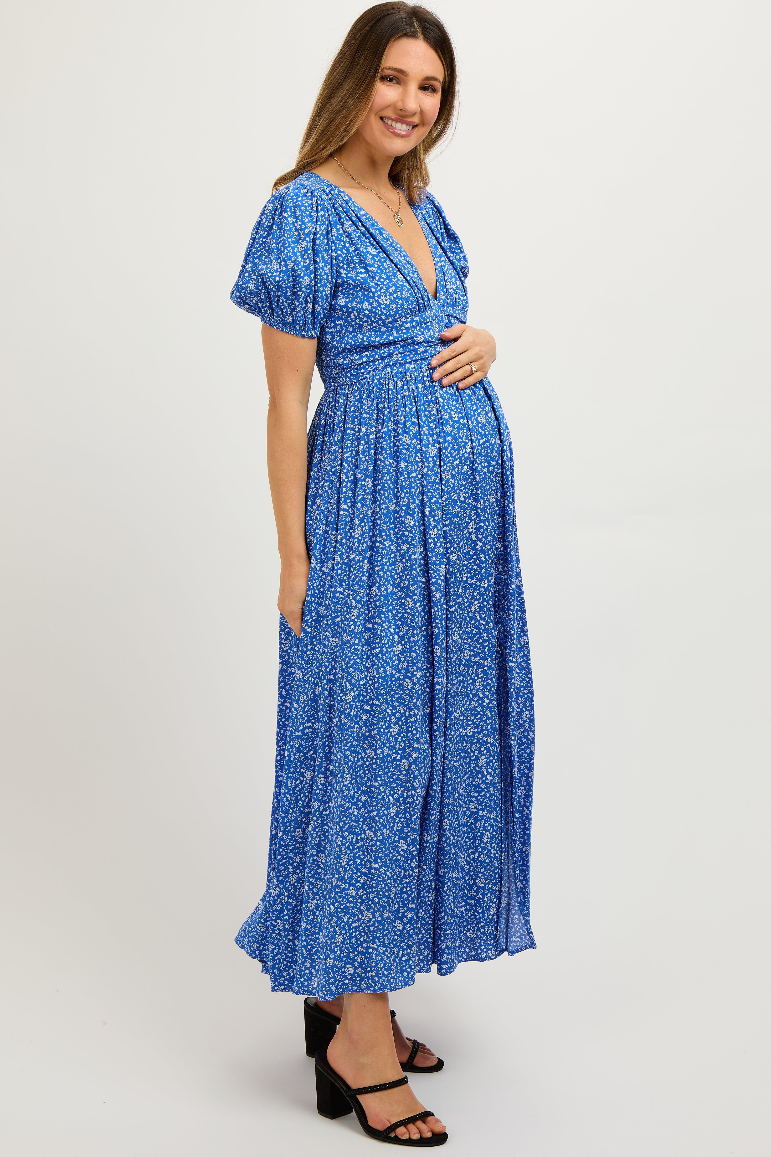 Blue Floral Button Down Front Slit Maternity Maxi Dress sold by Pinkblush product image thumbnail 3
