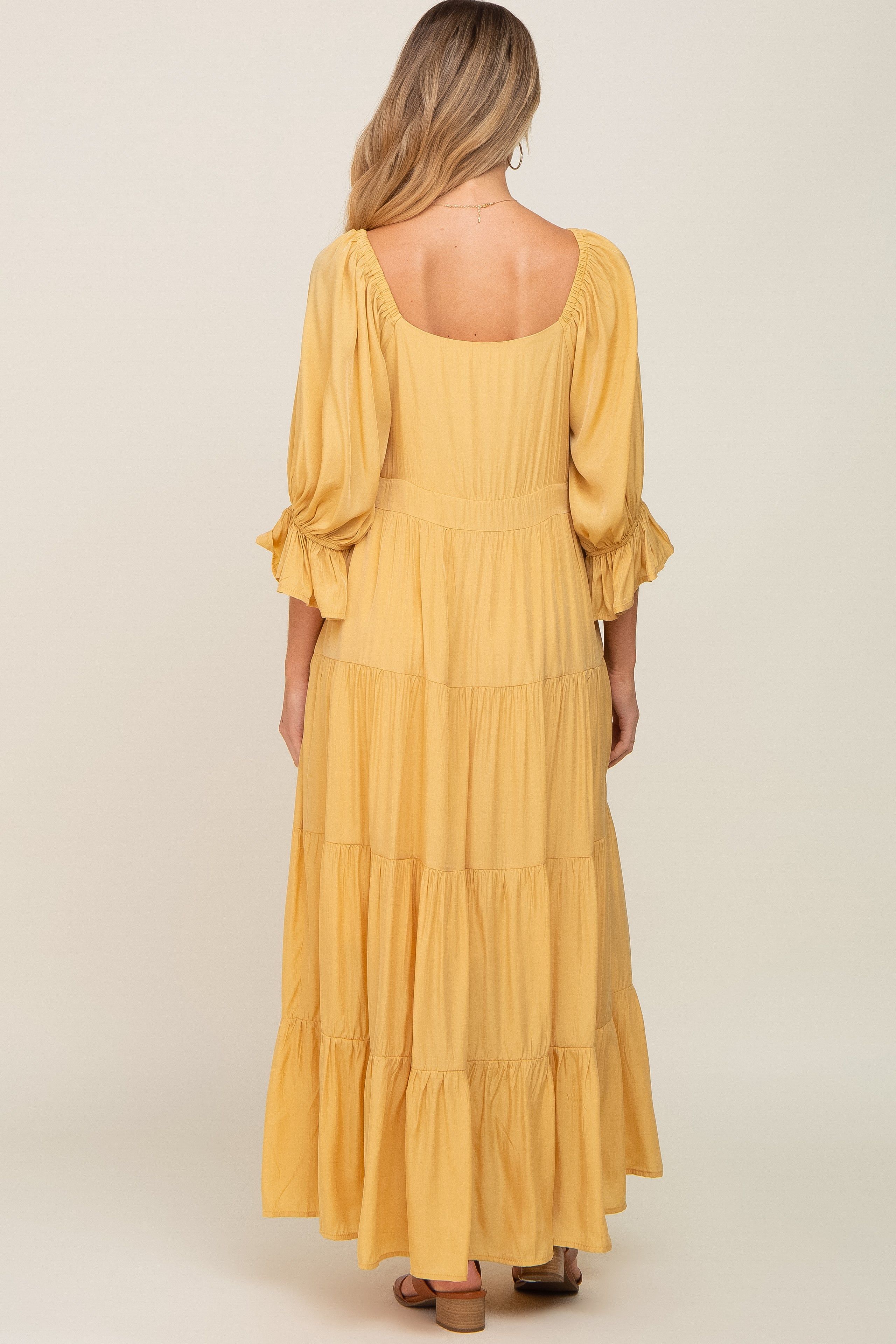 Yellow Square Neck Button Front 3/4 Bell Sleeve Maternity Maxi Dress sold by Pinkblush product image thumbnail 4