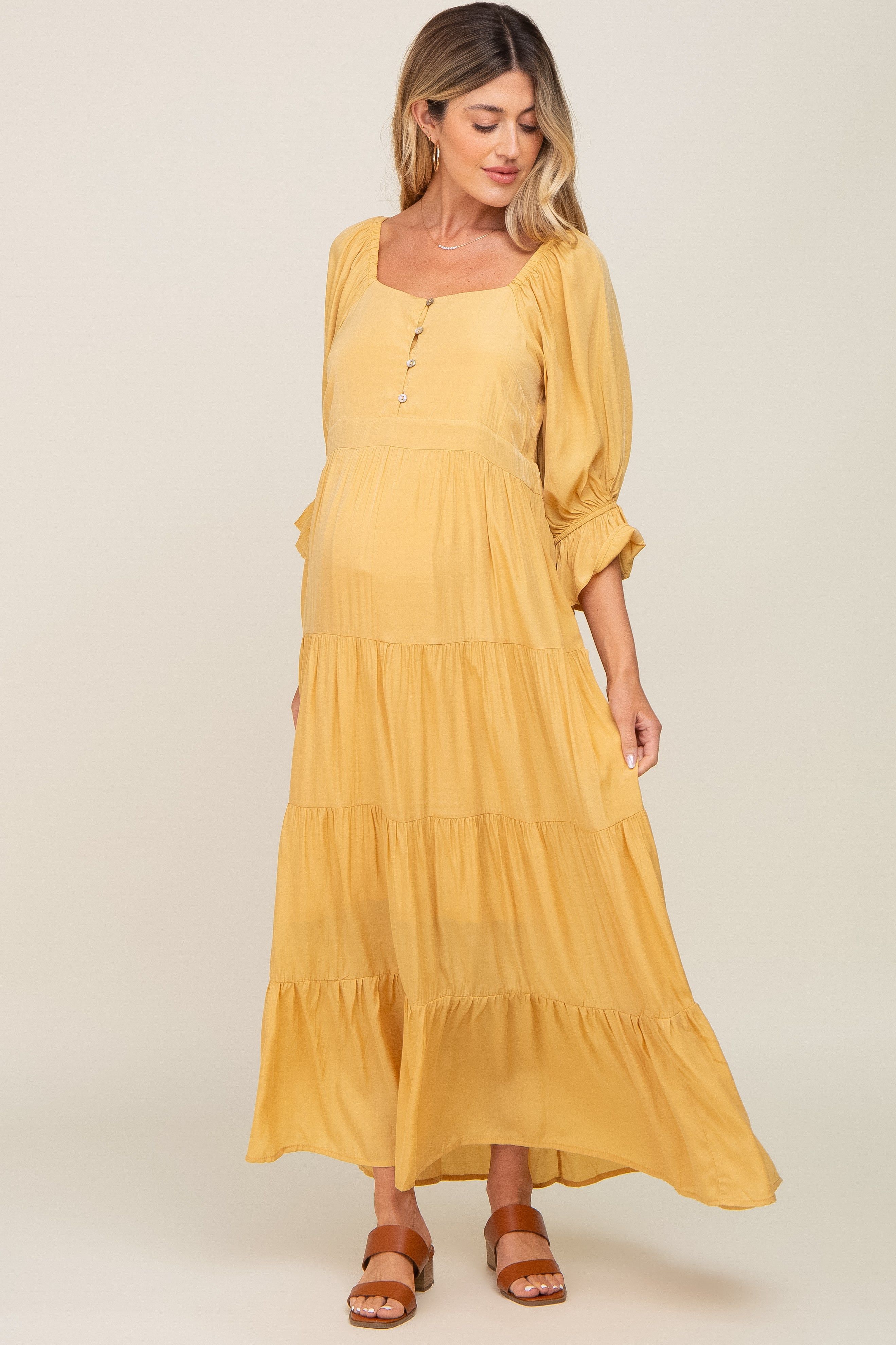 Yellow Square Neck Button Front 3/4 Bell Sleeve Maternity Maxi Dress sold by Pinkblush