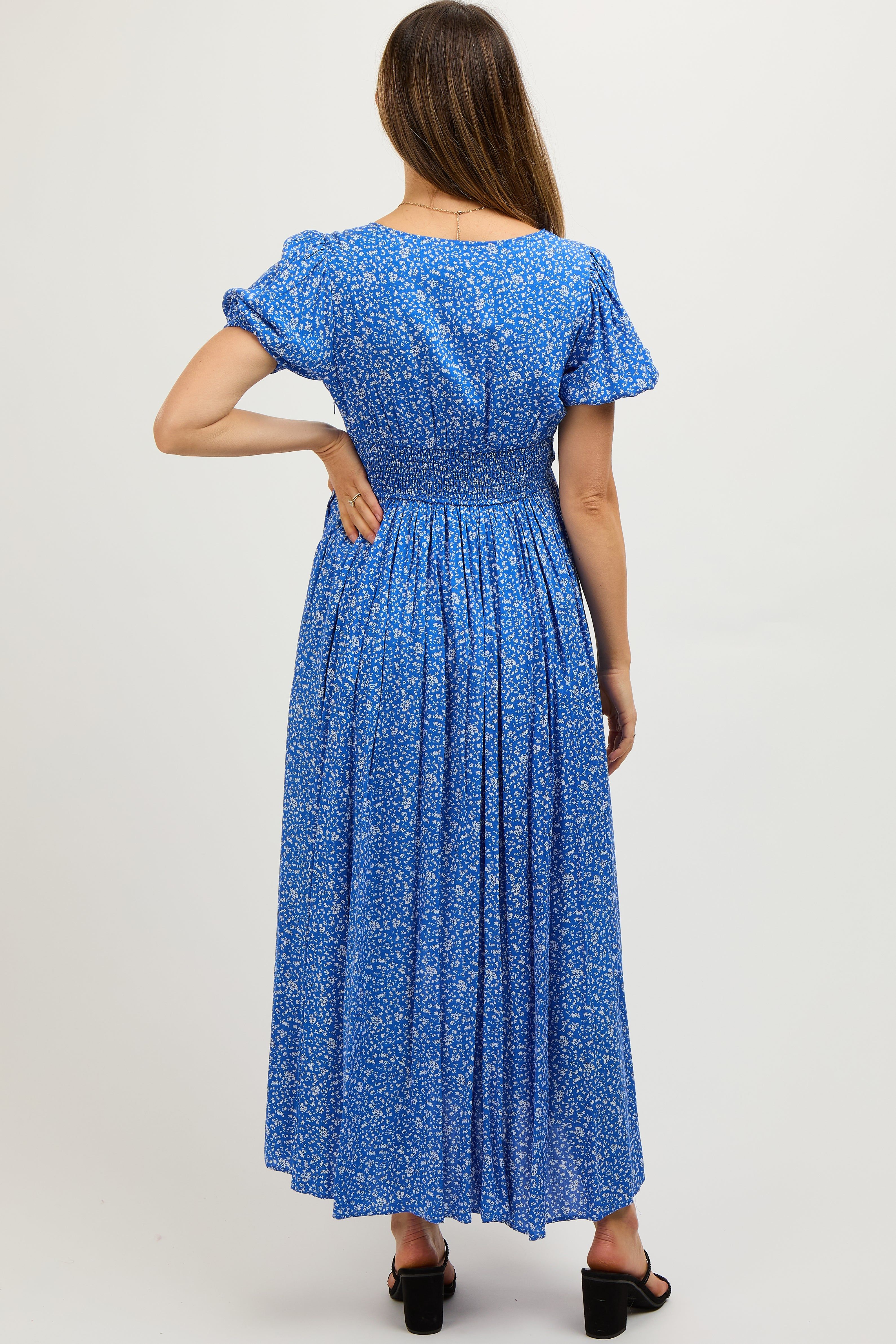 Blue Floral Button Down Front Slit Maternity Maxi Dress sold by Pinkblush product image thumbnail 4