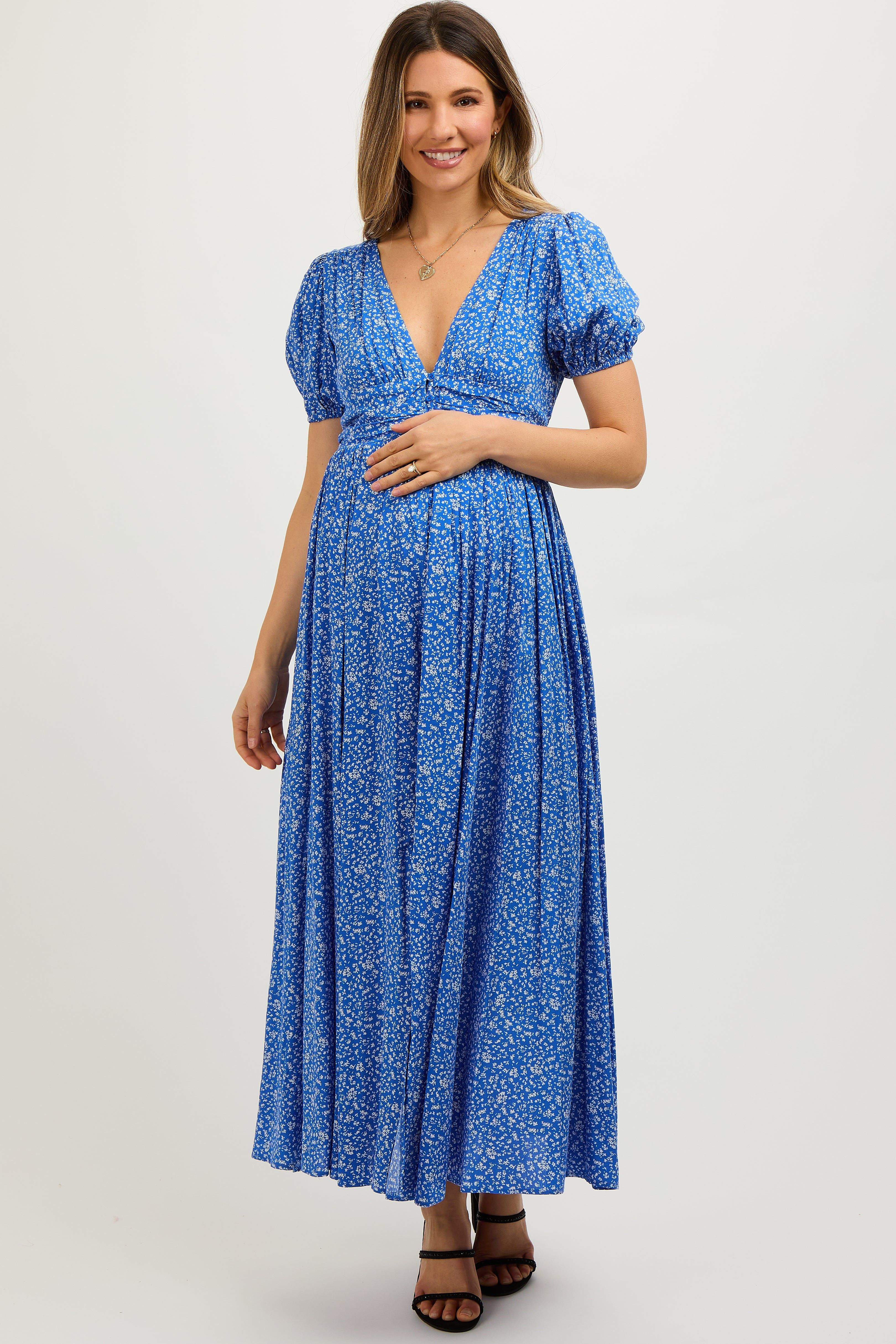 Blue Floral Button Down Front Slit Maternity Maxi Dress sold by Pinkblush