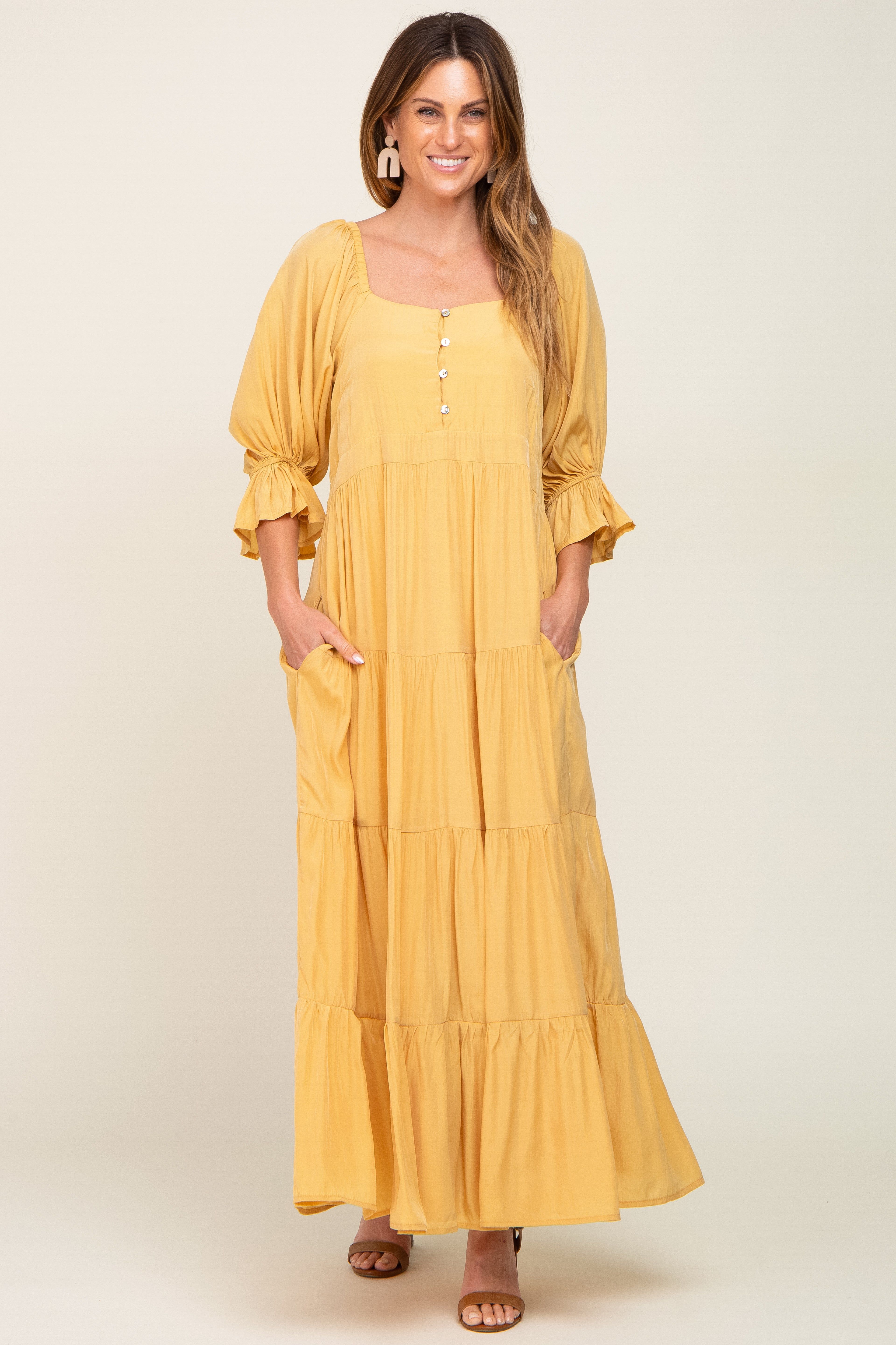 Yellow Square Neck Button Front 3/4 Bell Sleeve Maternity Maxi Dress sold by Pinkblush product image thumbnail 5