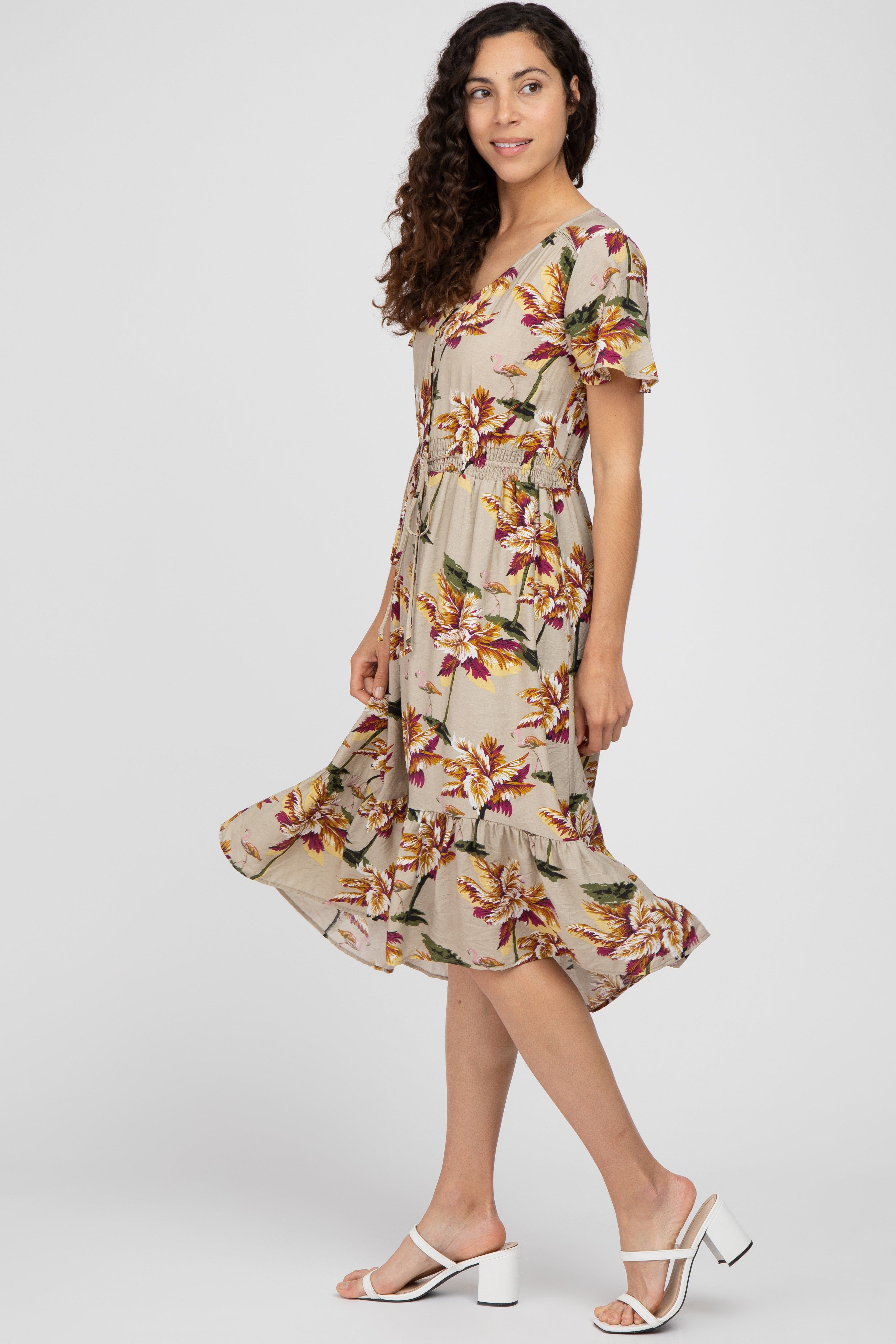 Beige Floral Button Midi Dress sold by Pinkblush product image thumbnail 2