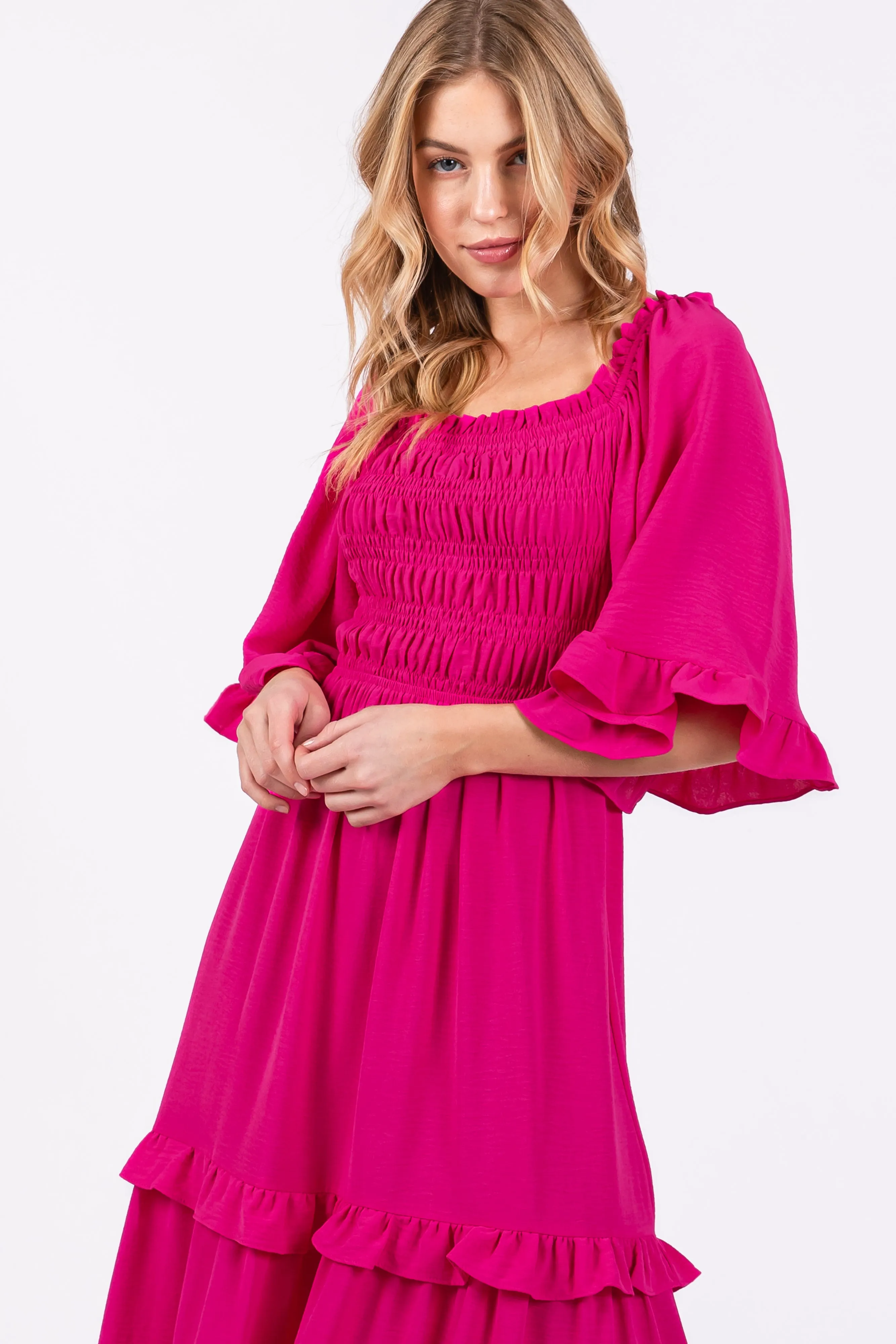 Fuchsia Smocked Ruffle Tiered Midi Dress sold by Pinkblush product image thumbnail 4