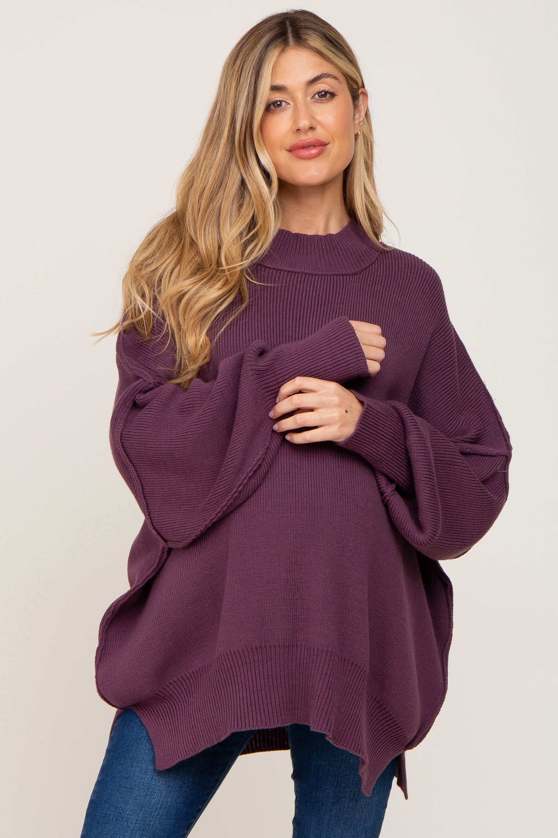 Purple Mock Neck Side Slit Oversized Maternity Sweater sold by Pinkblush