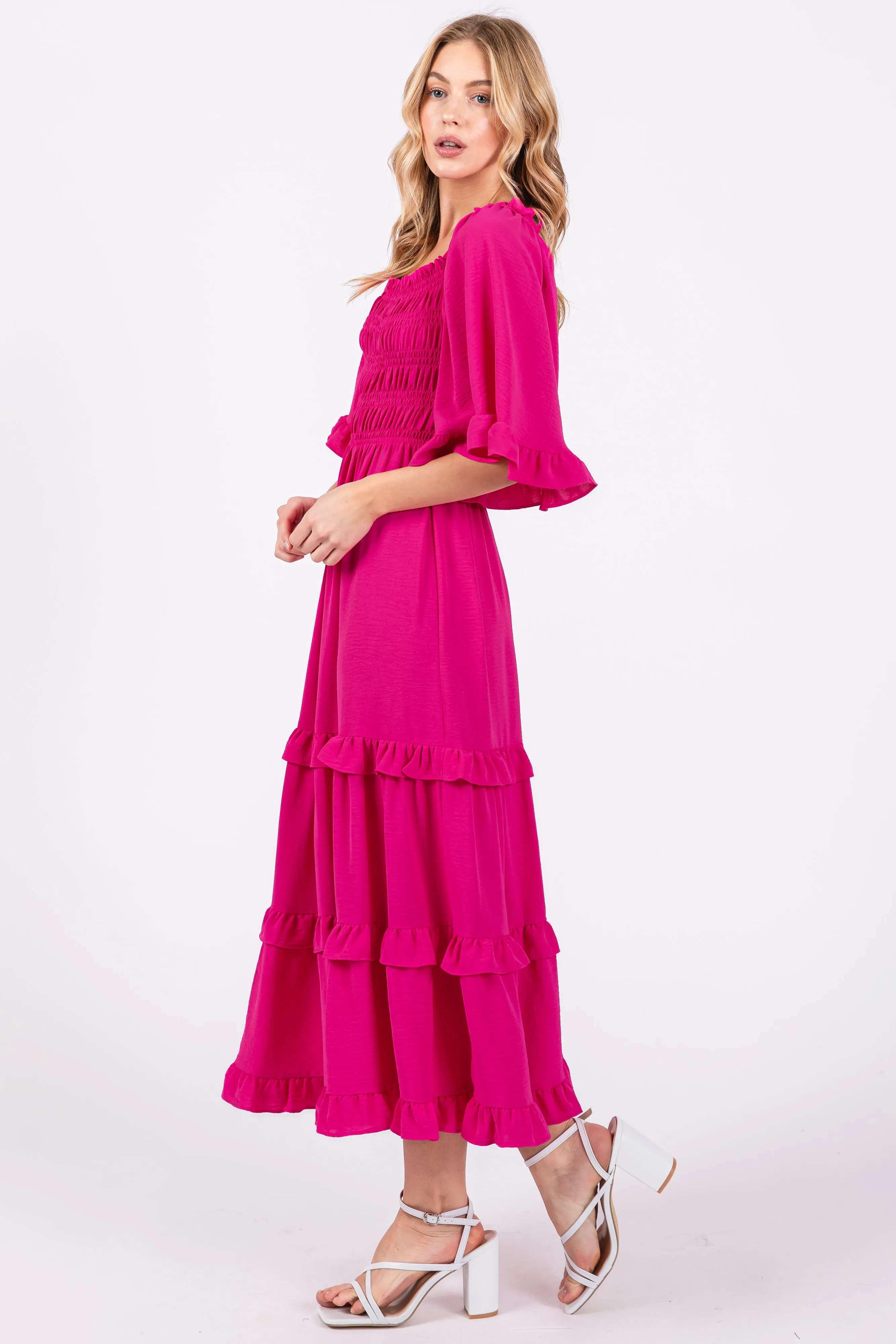 Fuchsia Smocked Ruffle Tiered Midi Dress sold by Pinkblush product image thumbnail 2