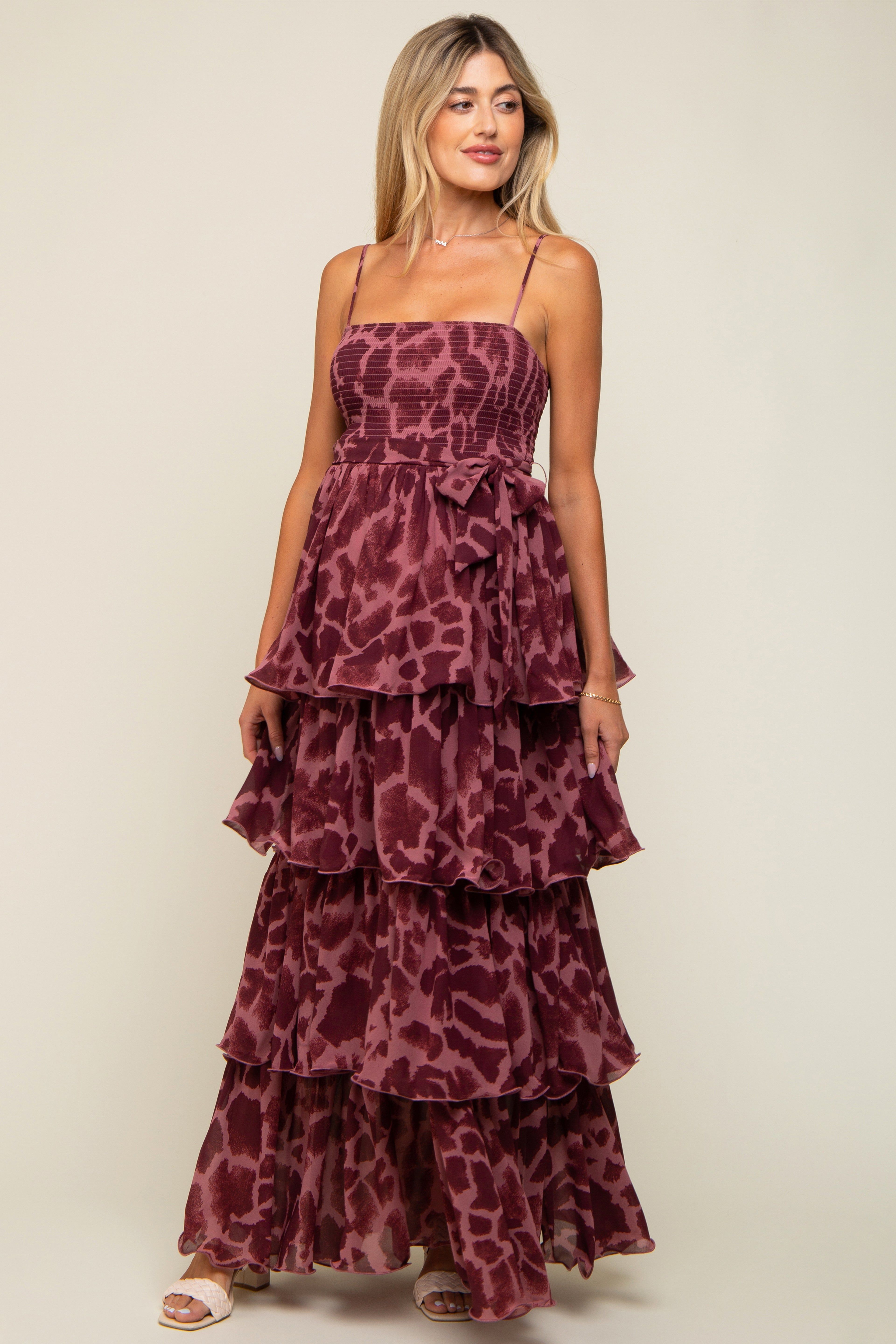 Burgundy Animal Print Flounce Tier Maternity Maxi Dress sold by Pinkblush product image thumbnail 2
