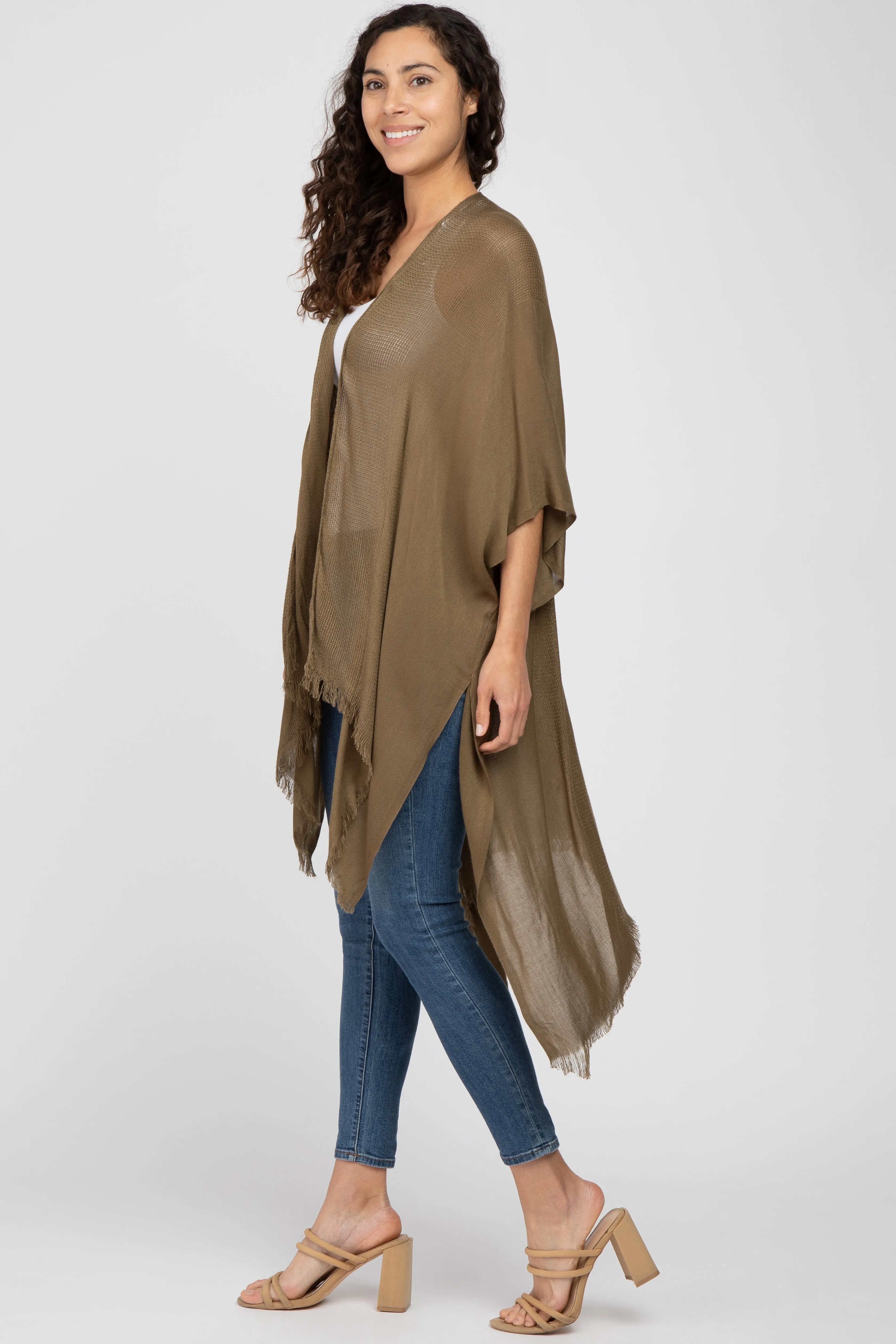 Olive Lightweight Fringe Hem Hi-Low Kimono sold by Pinkblush product image thumbnail 2