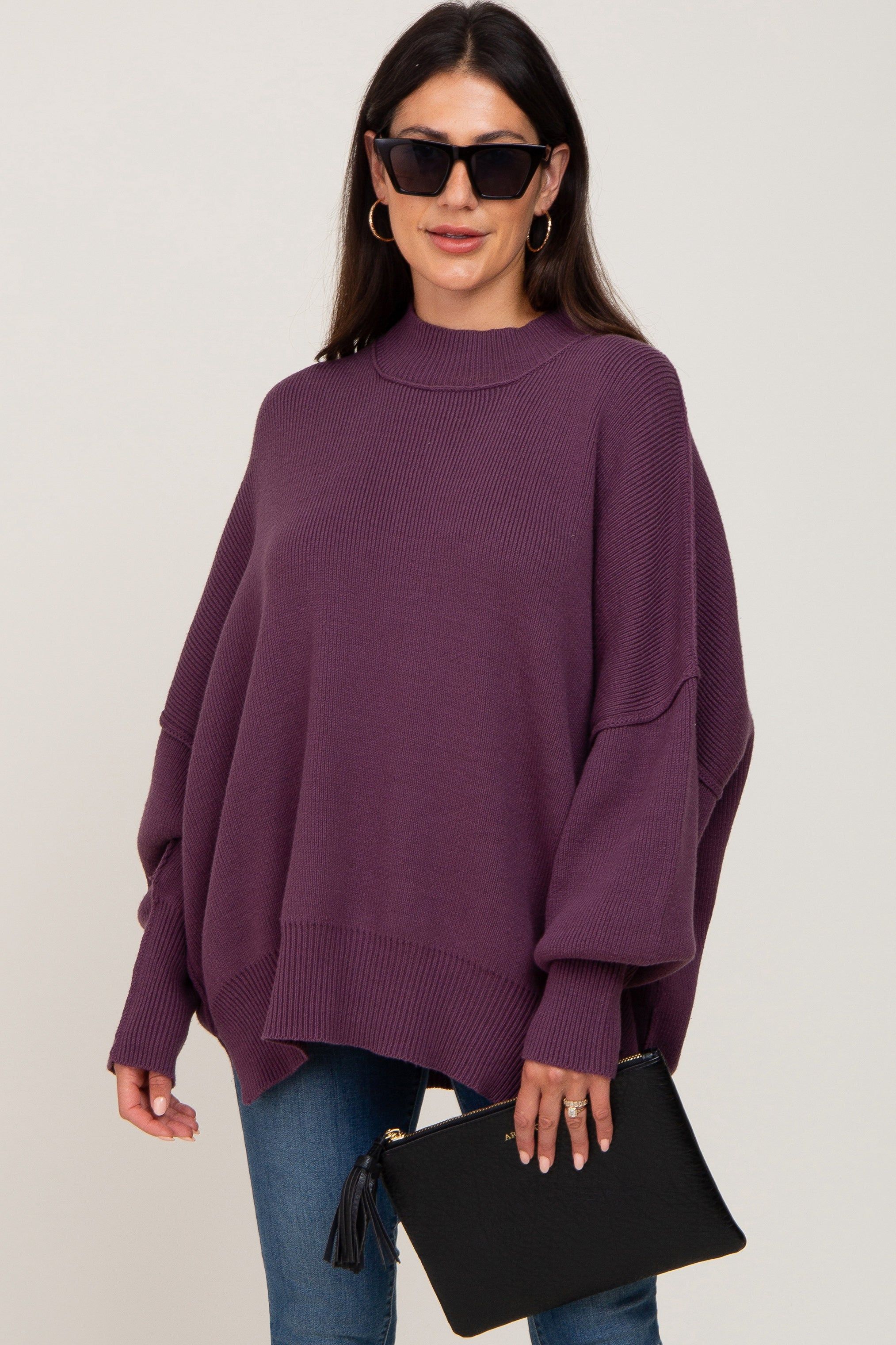 Purple Mock Neck Side Slit Oversized Maternity Sweater sold by Pinkblush product image thumbnail 5