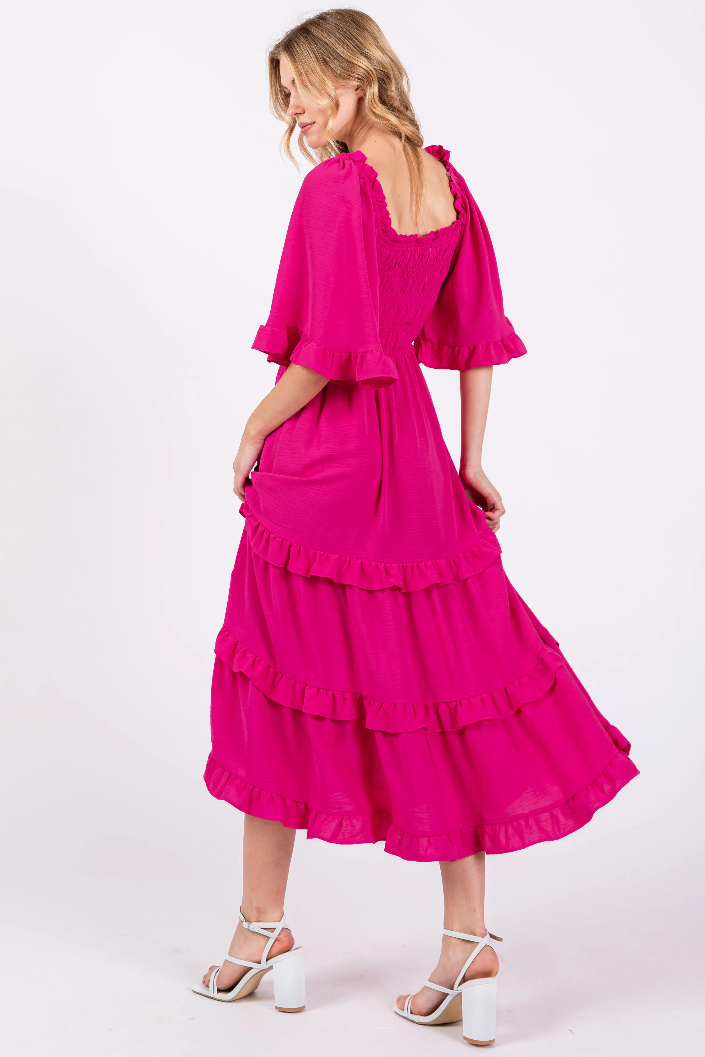 Fuchsia Smocked Ruffle Tiered Midi Dress sold by Pinkblush product image thumbnail 3