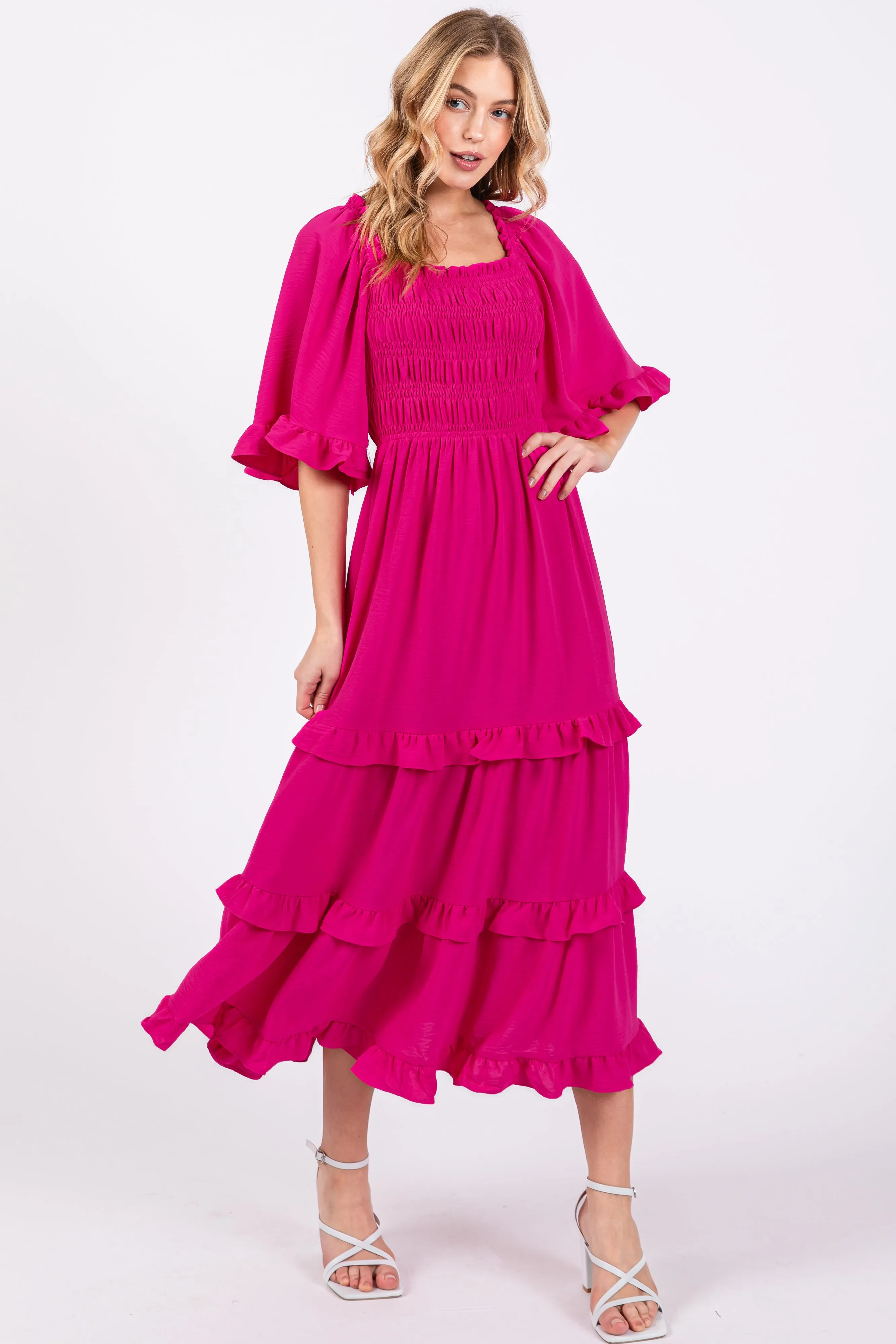 Fuchsia Smocked Ruffle Tiered Midi Dress sold by Pinkblush