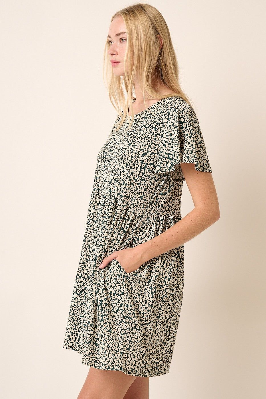 Hunter Green Flower Print Flutter Sleeve Babydoll Mini Dress sold by Pinkblush product image thumbnail 2