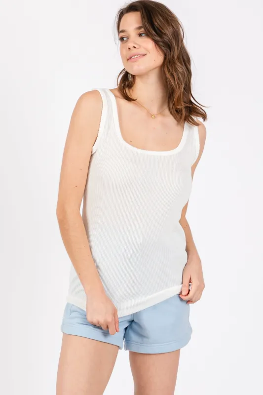 White Sleeveless Ribbed Square Neck Top sold by Pinkblush