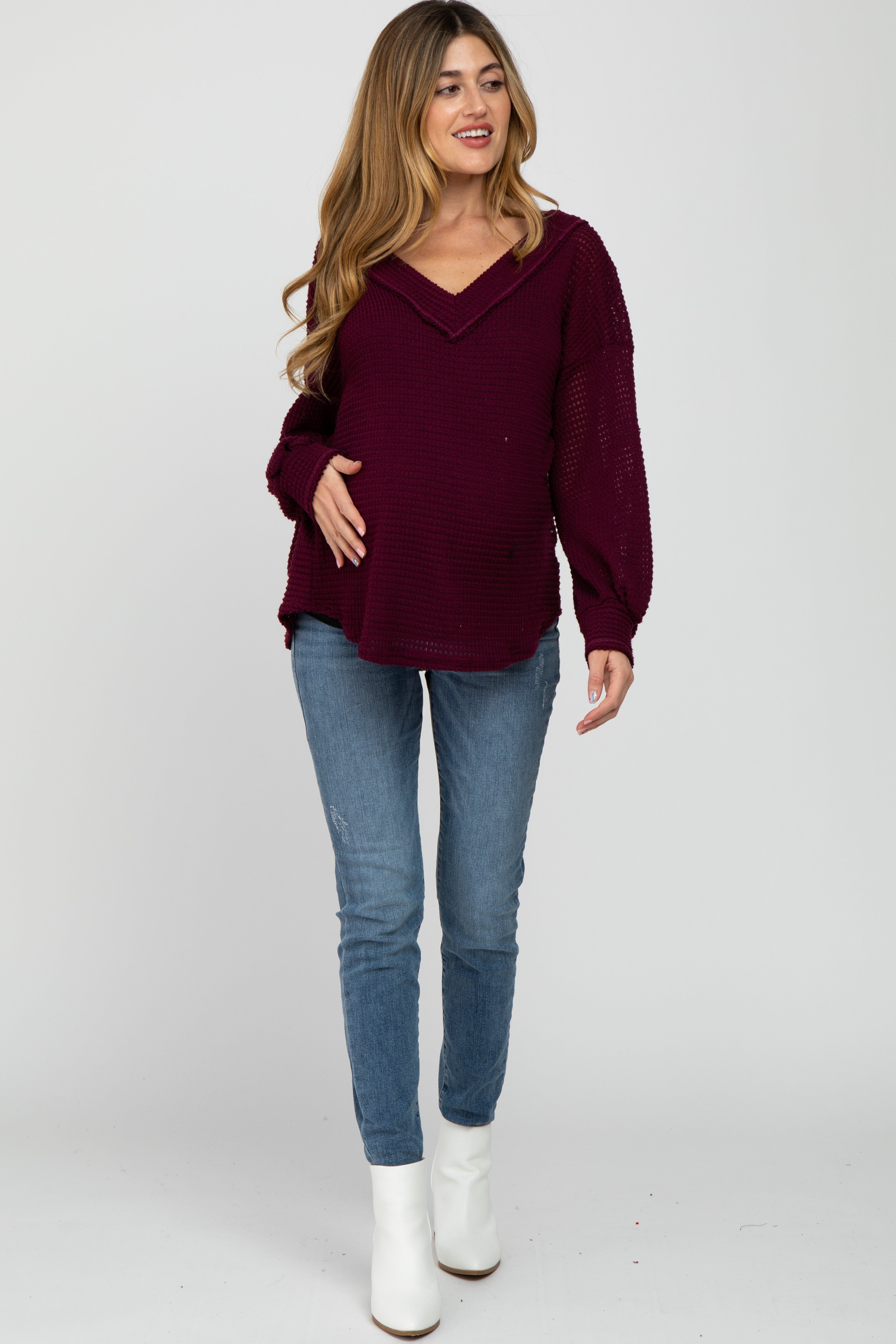 Burgundy Waffle Knit V-Neck Maternity Top sold by Pinkblush product image thumbnail 2