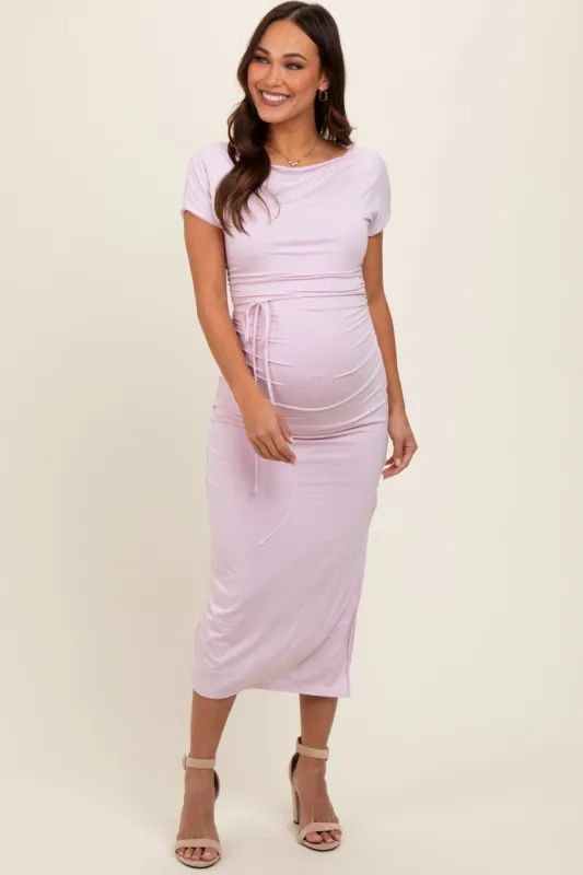 Lavender Boat Neck Side Ruched Waist Tie Maternity Midi Dress sold by Pinkblush