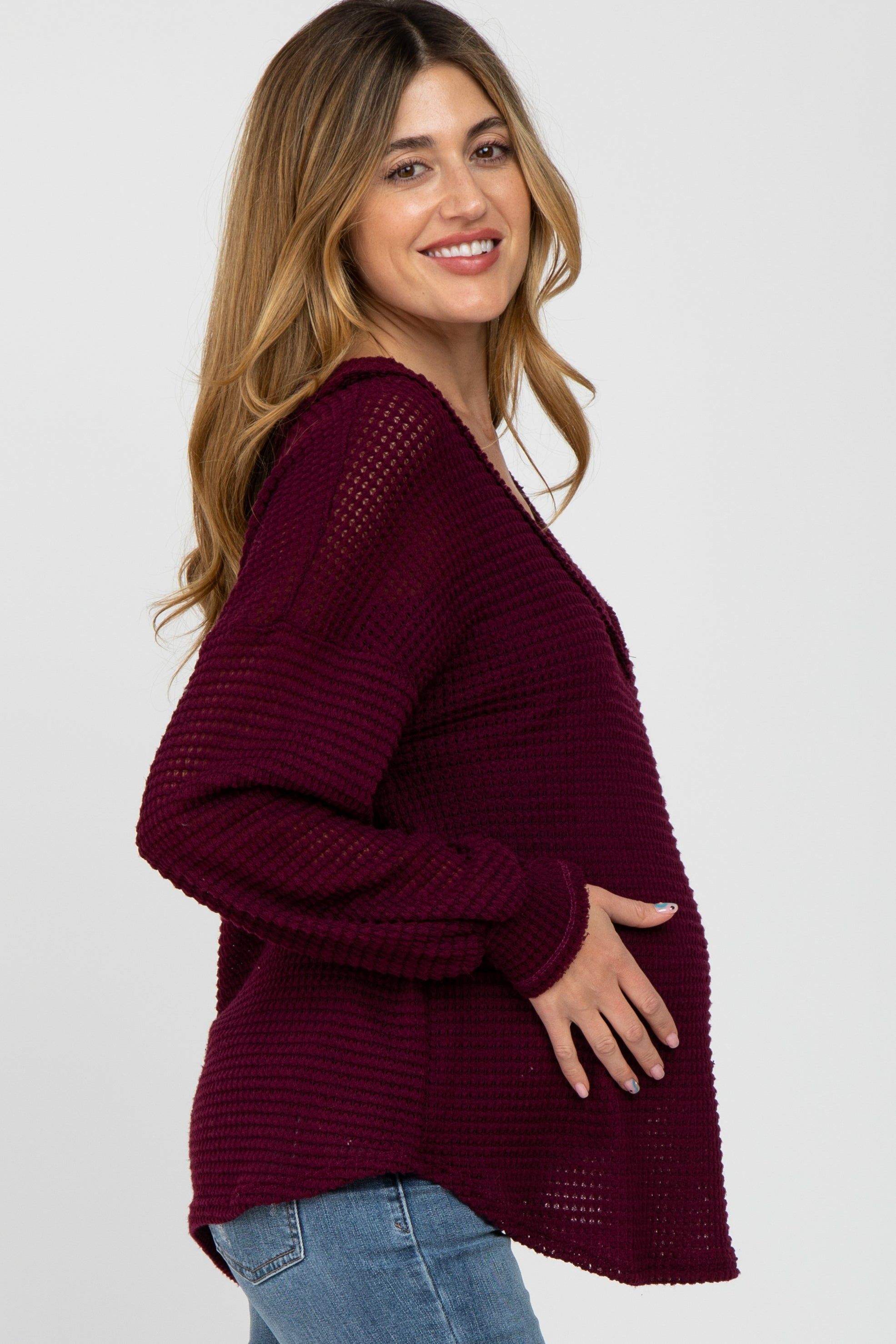 Burgundy Waffle Knit V-Neck Maternity Top sold by Pinkblush product image thumbnail 3