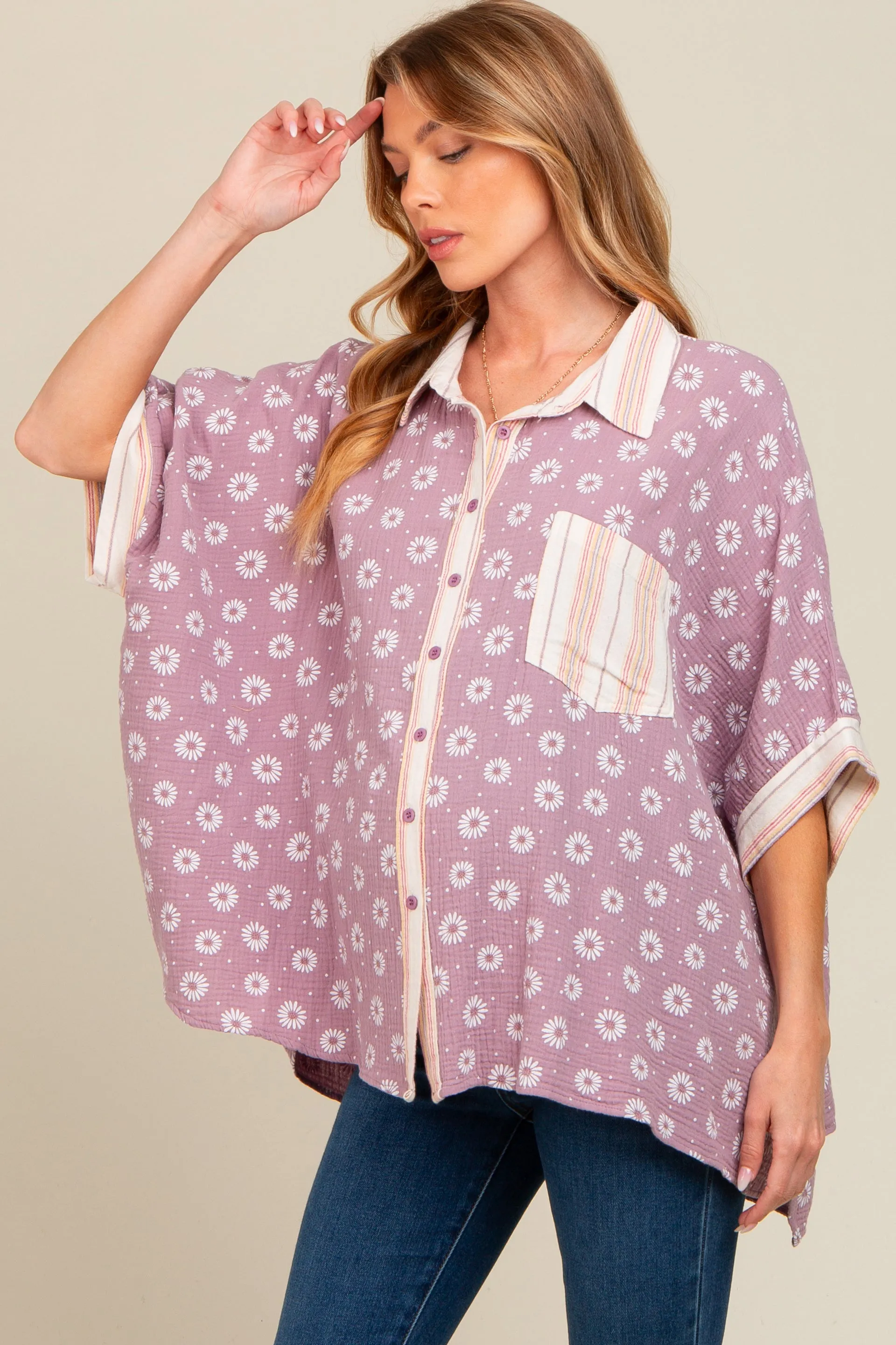 Lavender Floral Contrast Print Maternity Button Down Top sold by Pinkblush product image thumbnail 2