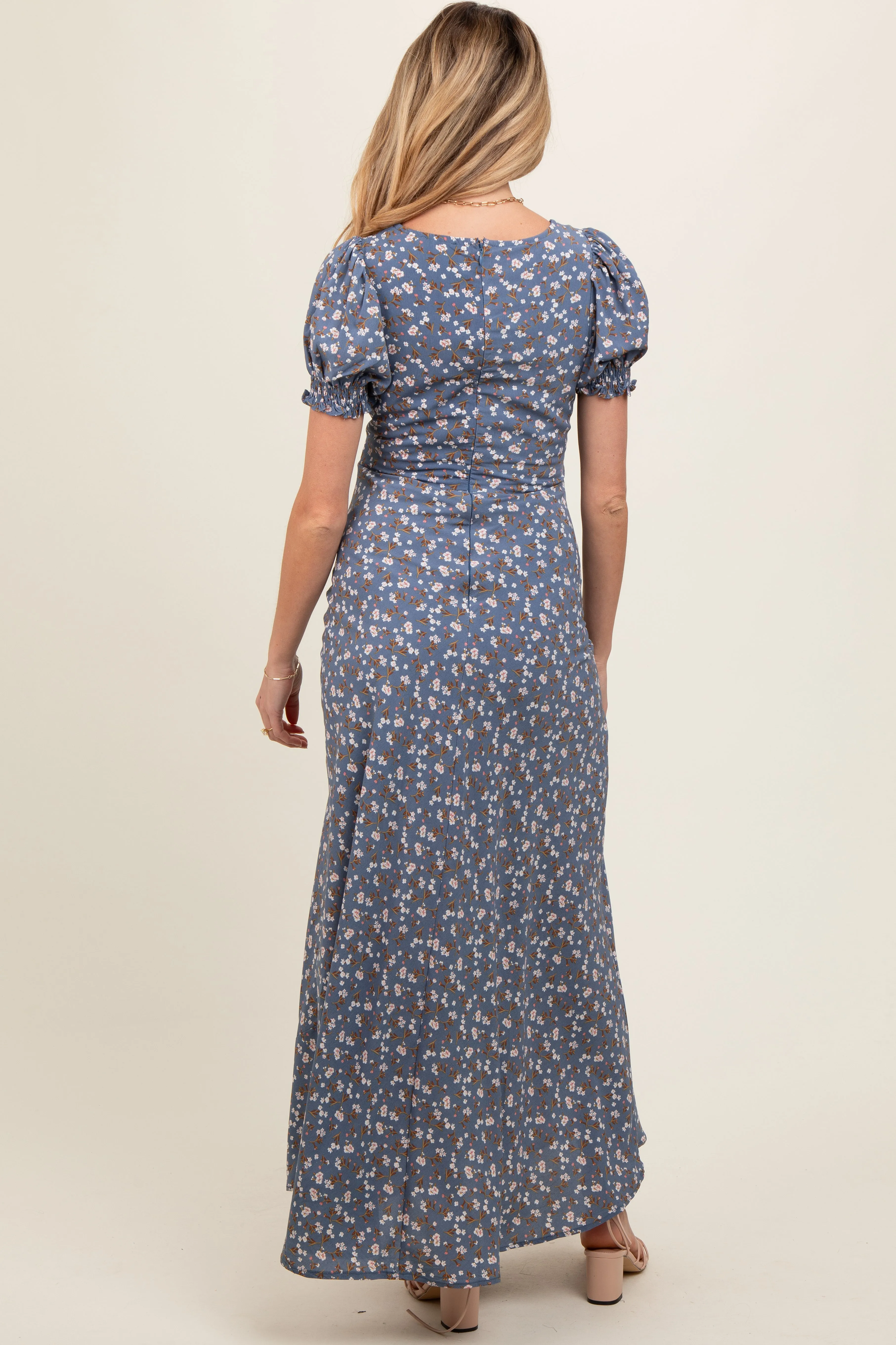 Blue Floral Puff Sleeve V Neck Maternity Maxi Dress sold by Pinkblush product image thumbnail 4