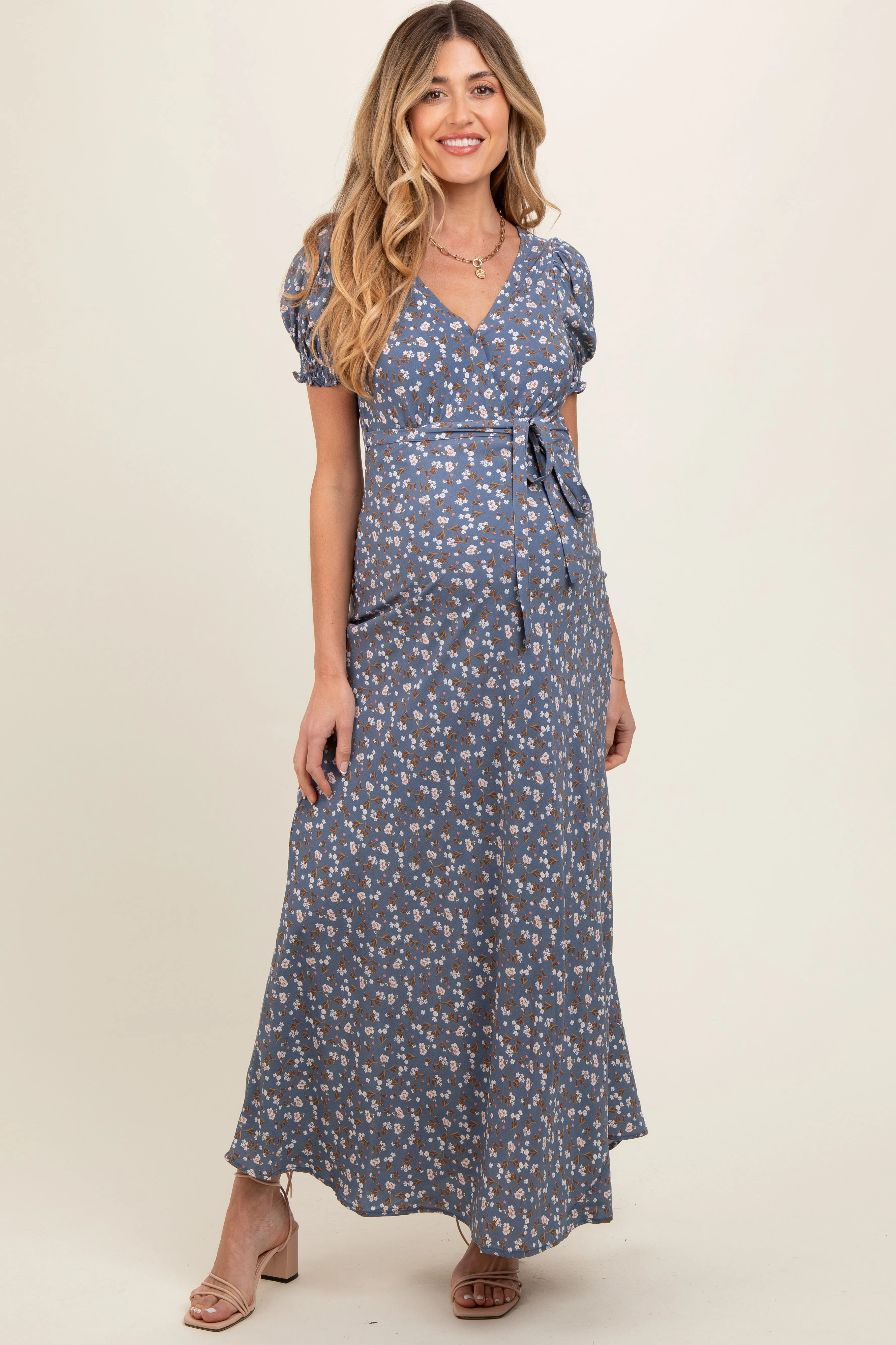 Blue Floral Puff Sleeve V Neck Maternity Maxi Dress sold by Pinkblush